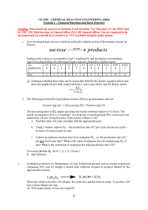 2019 CH3102 Tutorial 8 uploaded - 1 CH 3102 - CHEMICAL REACTION ...
