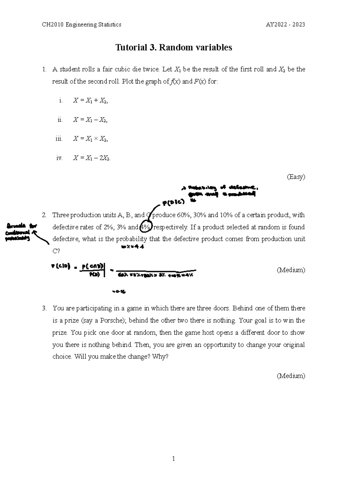 Tutorial 3 - Tut 3 - CH2010 Engineering Statistics AY2022 - 2023 ...