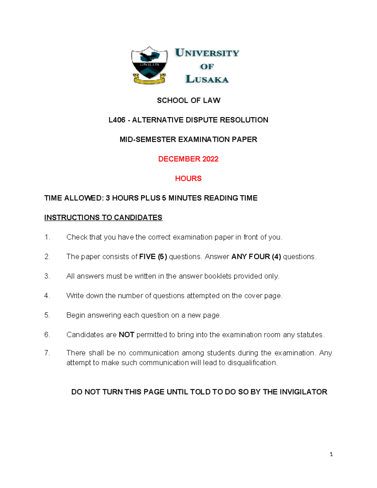 L406 - Alternative Dispute Resolution December Final Exam - SCHOOL OF ...