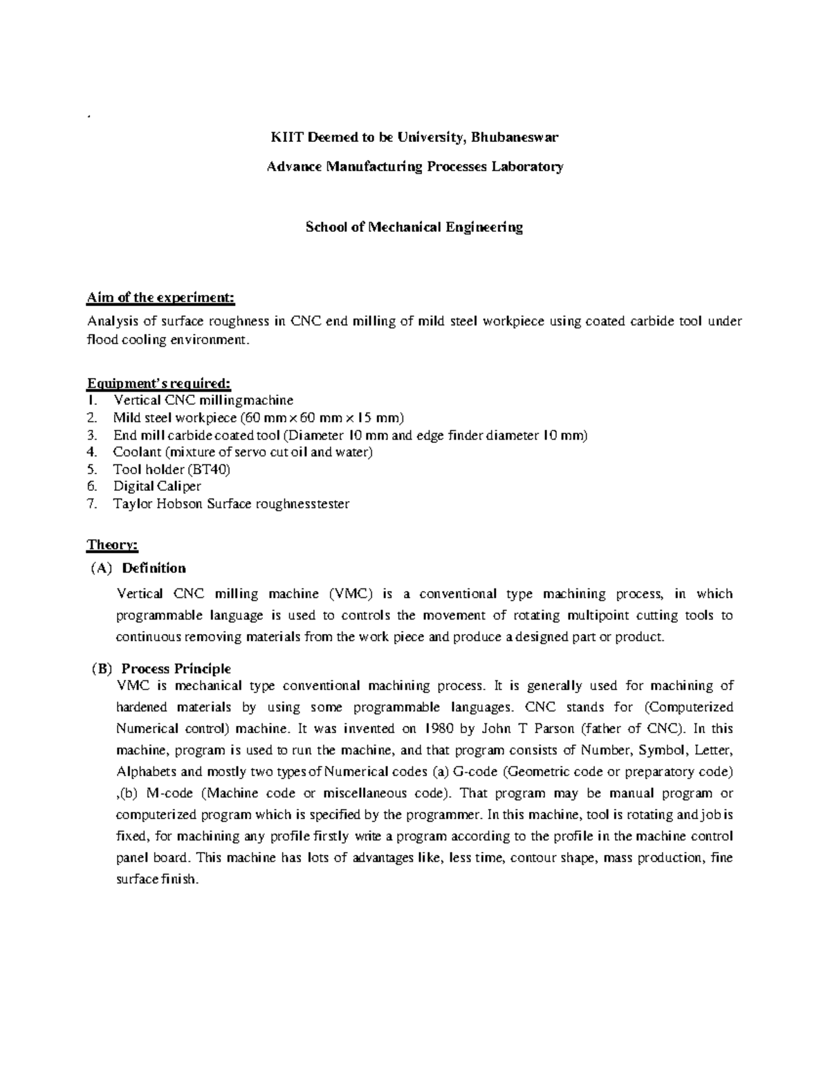 Experiment5 (Milling Process) Advanced Manufacturing Processes Lab