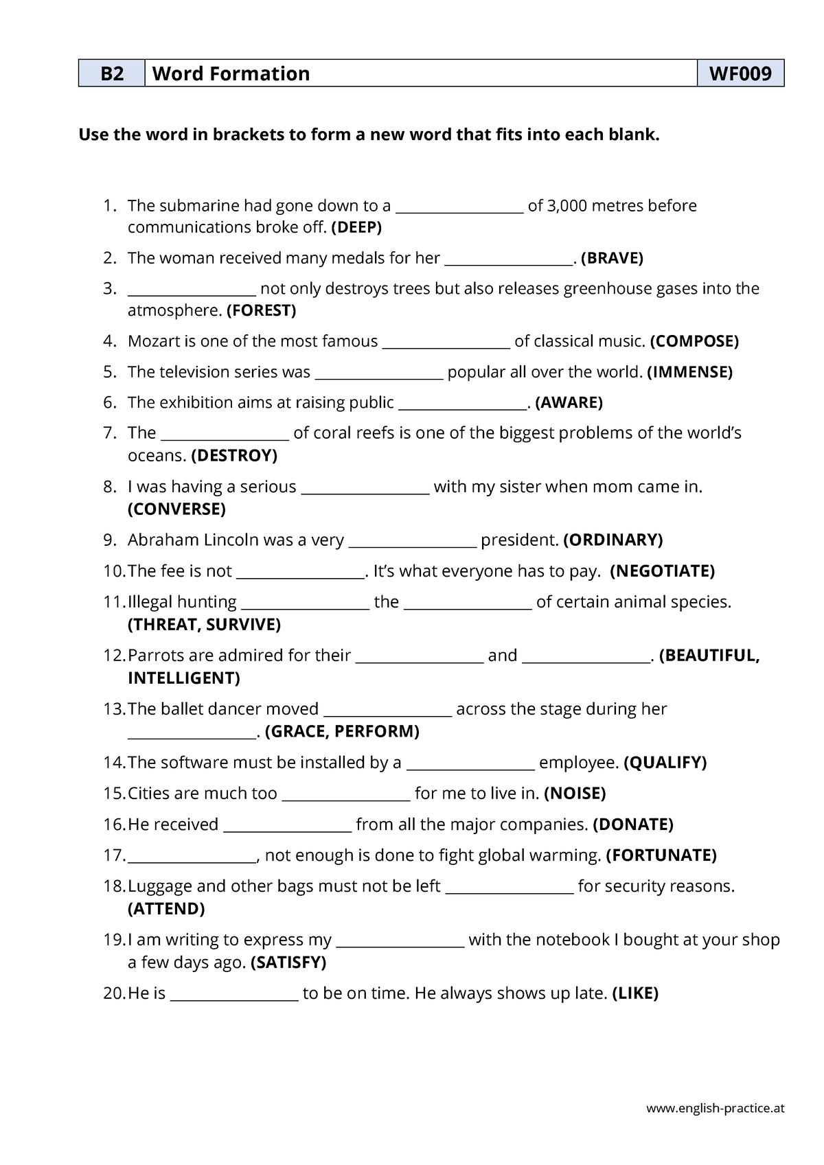 Wf009 - Formation - English-practice B2 Word Formation WF Use The Word ...