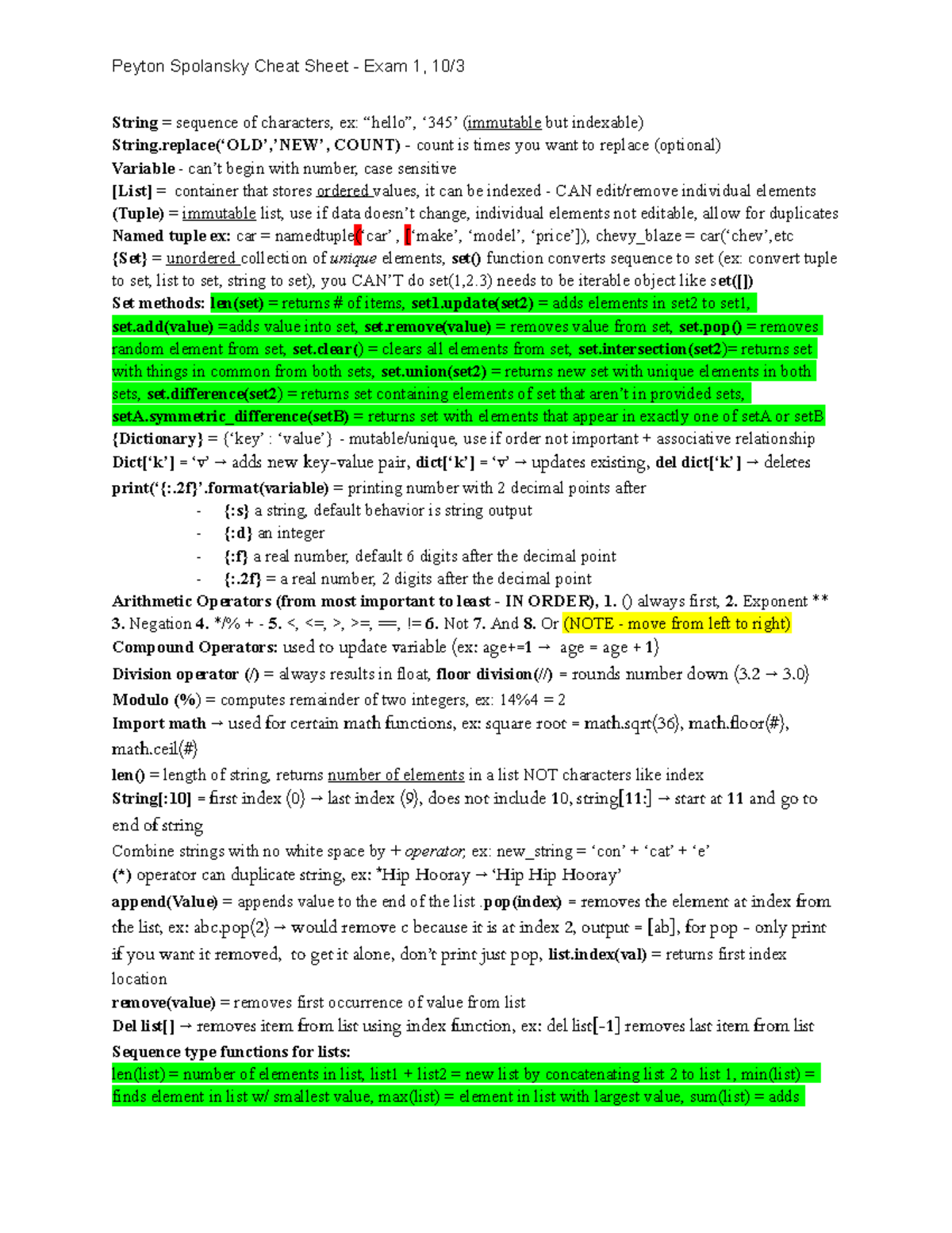 Python cheatsheet - exam 1 - Peyton Spolansky Cheat Sheet - Exam 1, 10 ...