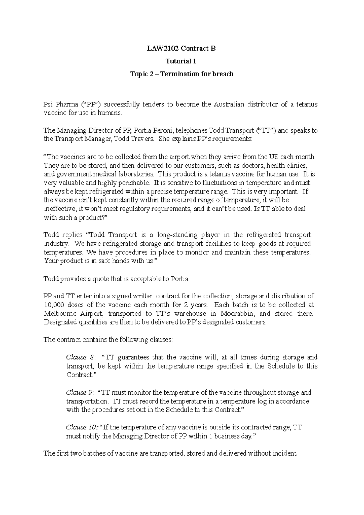 LAW2102 Tutorial 1 - LAW2102 Contract B Tutorial 1 Topic 2 ...