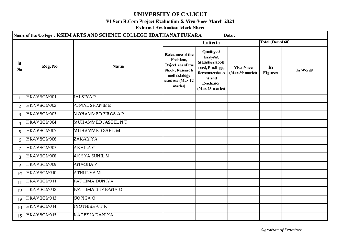 B.Com COP 1 Viva Marksheet - UNIVERSITY OF CALICUT VI Sem B Project ...