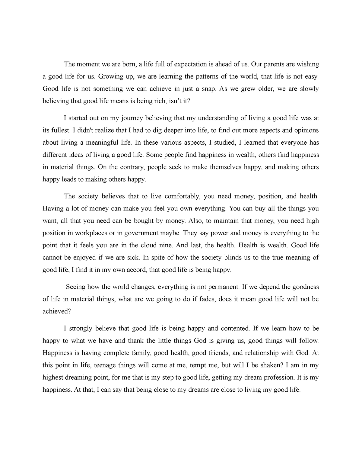 essay about having a good life