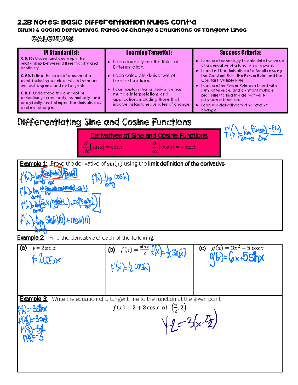 2.2B Notes - Calculus - 2 Notes: 4Ƈ ƈ 2 Ɖ Ɖ Ƈ & Ɖ i Sin(x) & cos(x ...