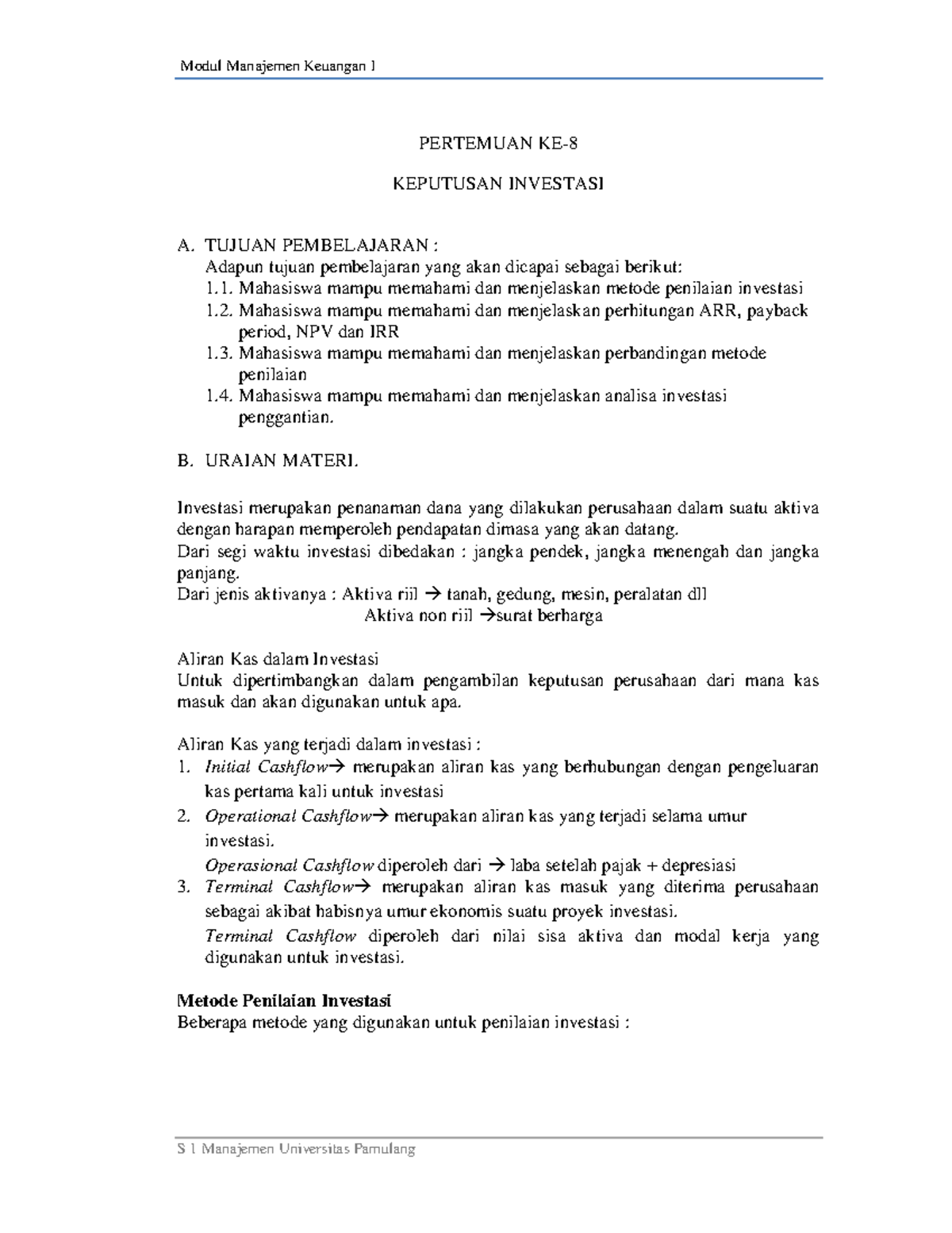 Pertemuan KE-8 Keputusan Investasi-1 - PERTEMUAN KE- KEPUTUSAN ...