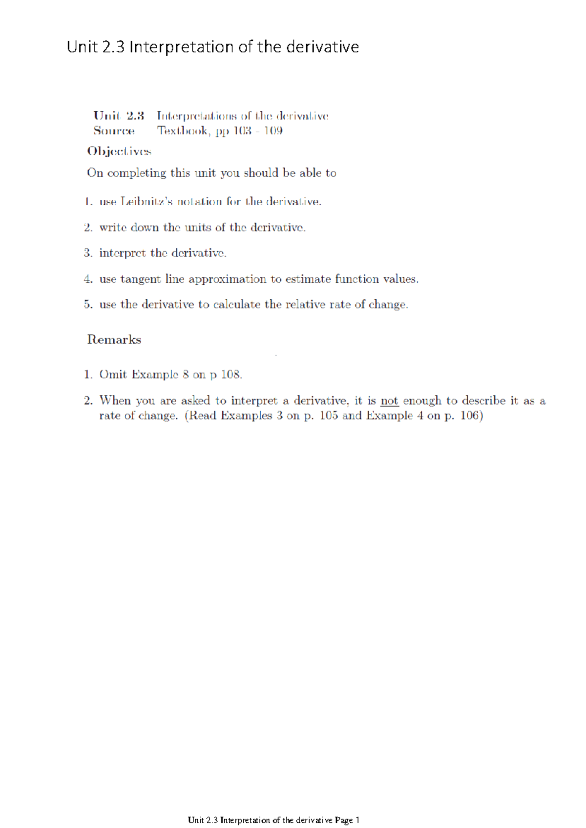 Unit 2.3 Interpretation of the derivative (during lecture notes) - WTW ...
