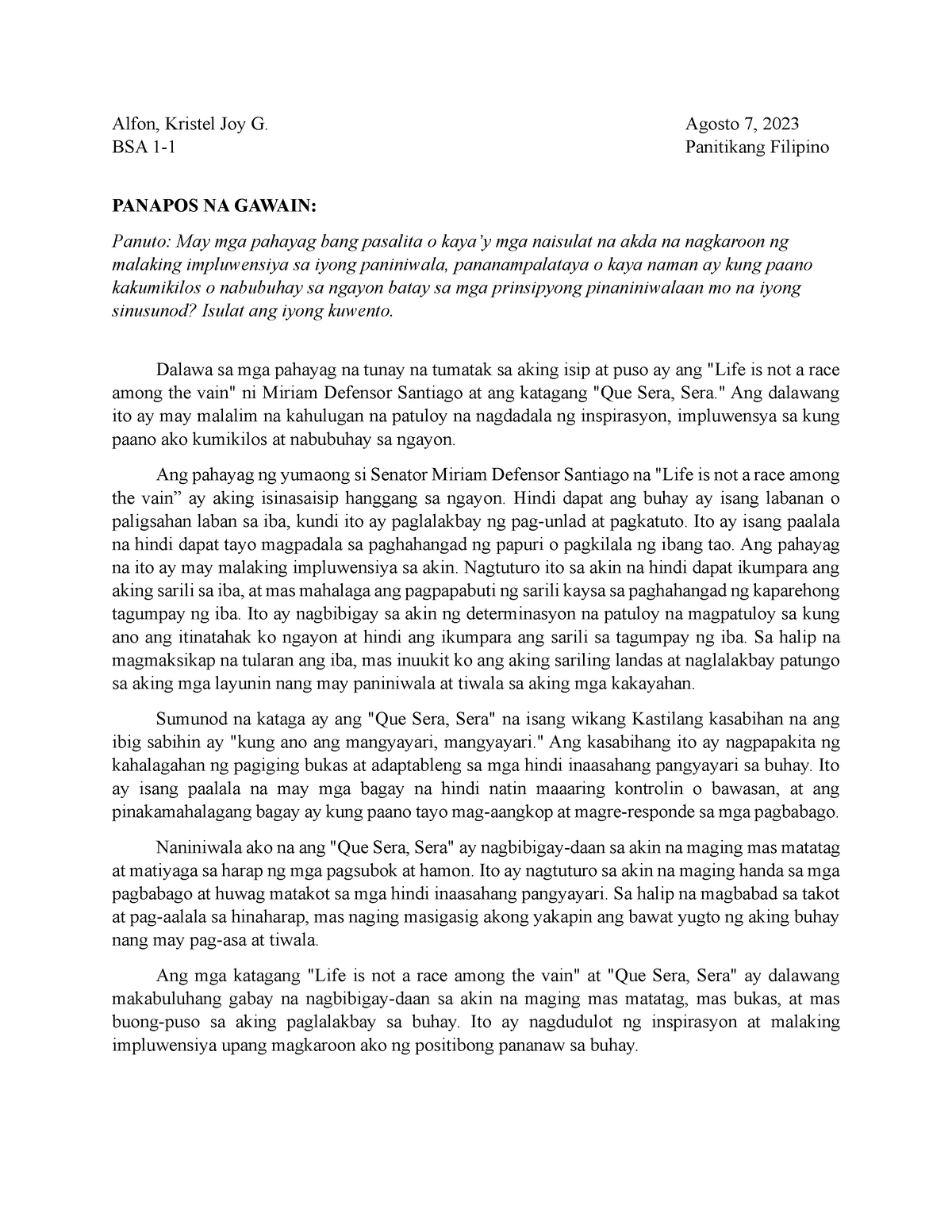 Panitikang Filipino Notes And Assignment - Alfon, Kristel Joy G. Agosto ...