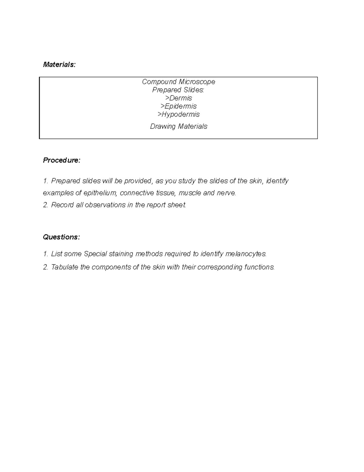 Laboratory Activity 11 - Skin Tissue - Materials: Compound Microscope ...