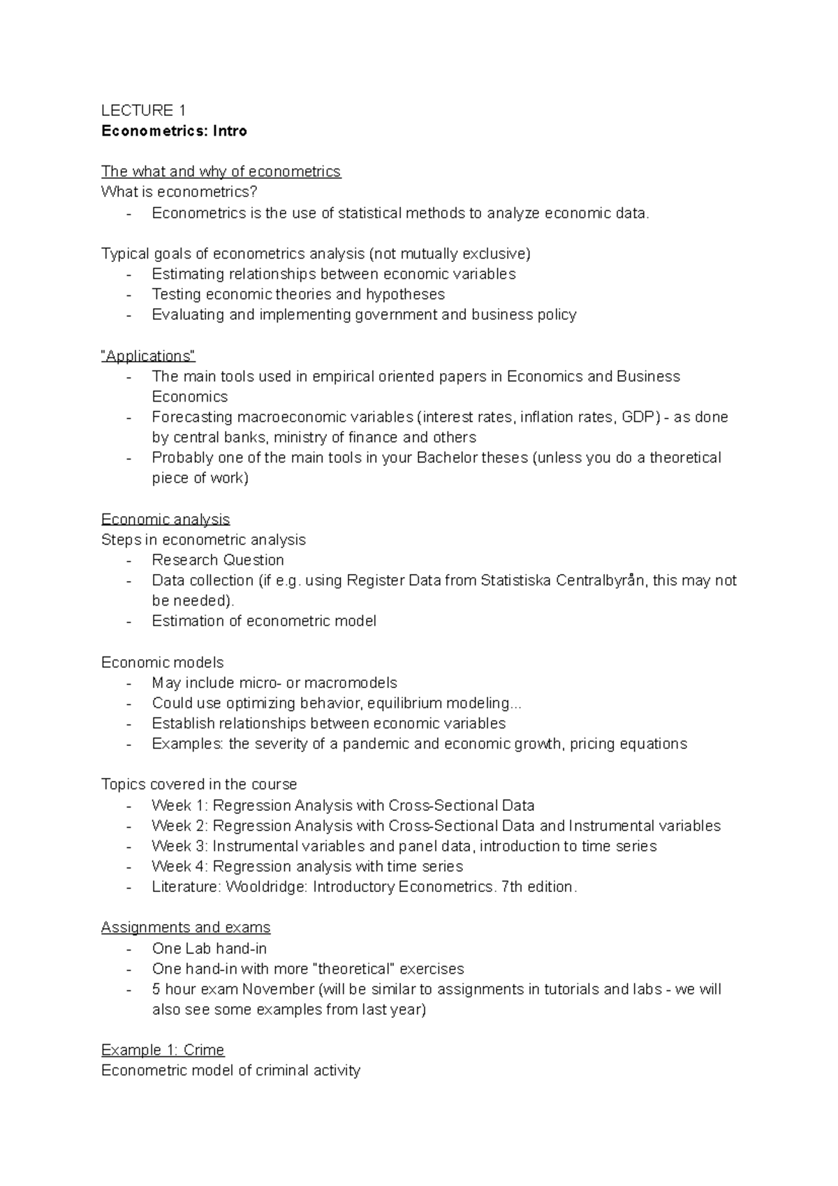 Ekonometri - LECTURE 1 Econometrics: Intro The what and why of ...