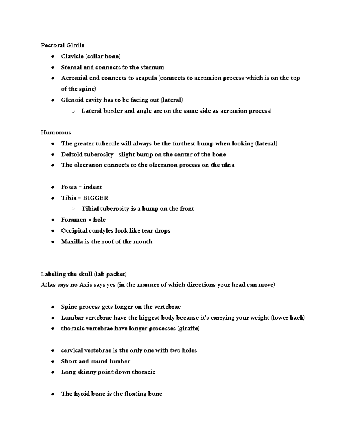 Verbal a&p lab notes - Pectoral Girdle Clavicle (collar bone) Sternal ...