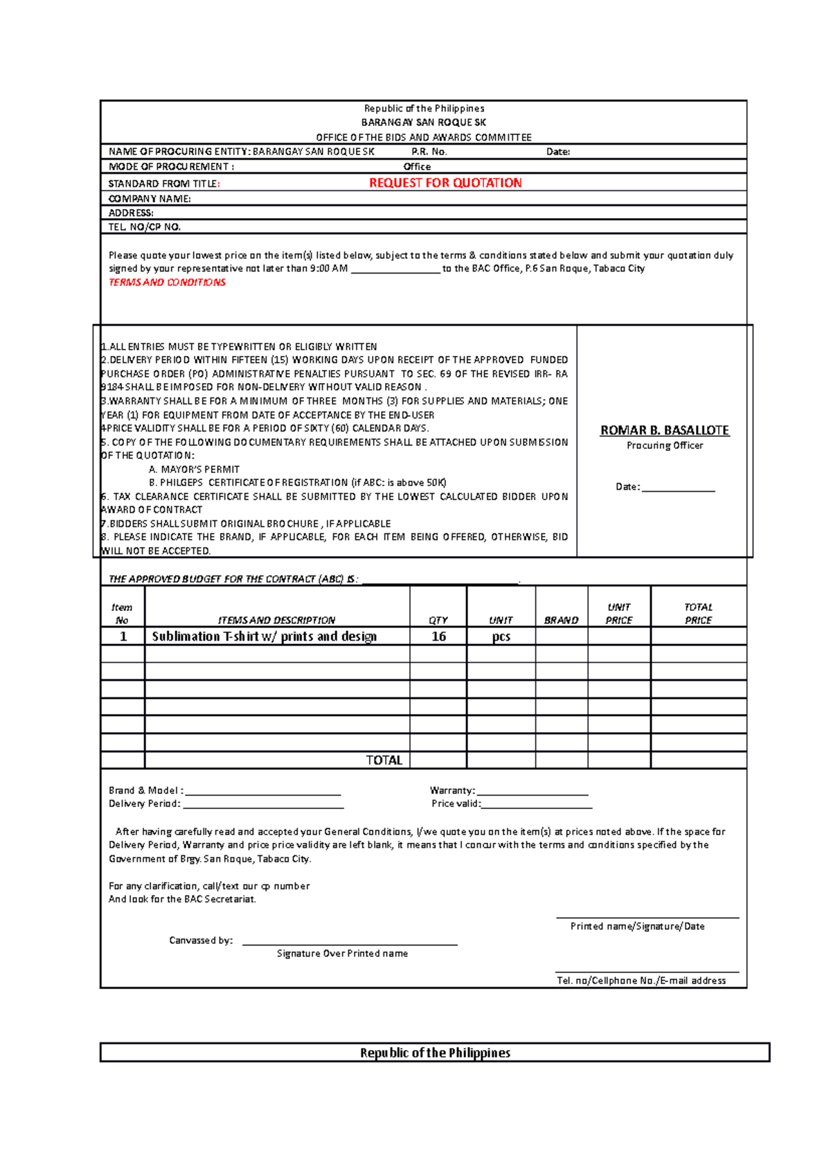 Request FOR Quotation new Republic of the Philippines BARANGAY SAN