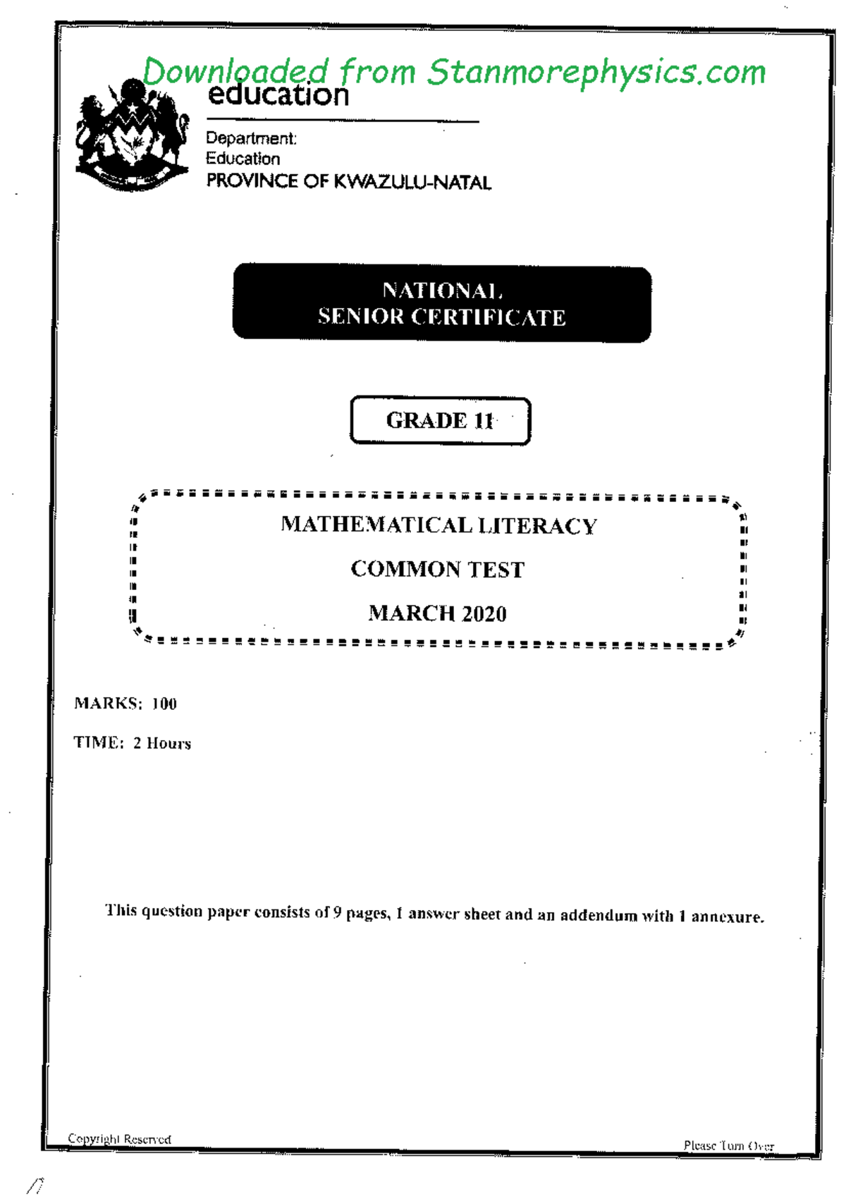 Maths Lit Grade 11 March 2020 1 - Downloaded from Stanmorephysics ...