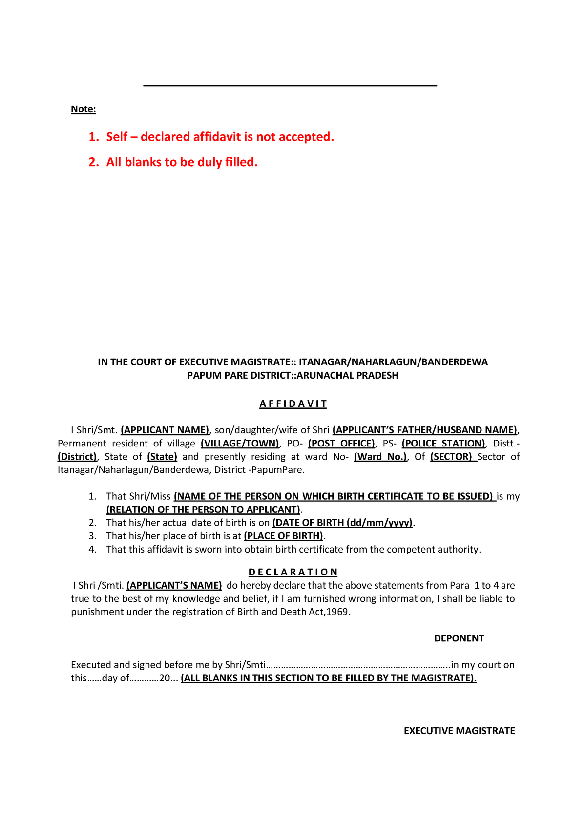 Do B Affidavit - Lecture Notes - Note: 1. Self – Declared Affidavit Is ...