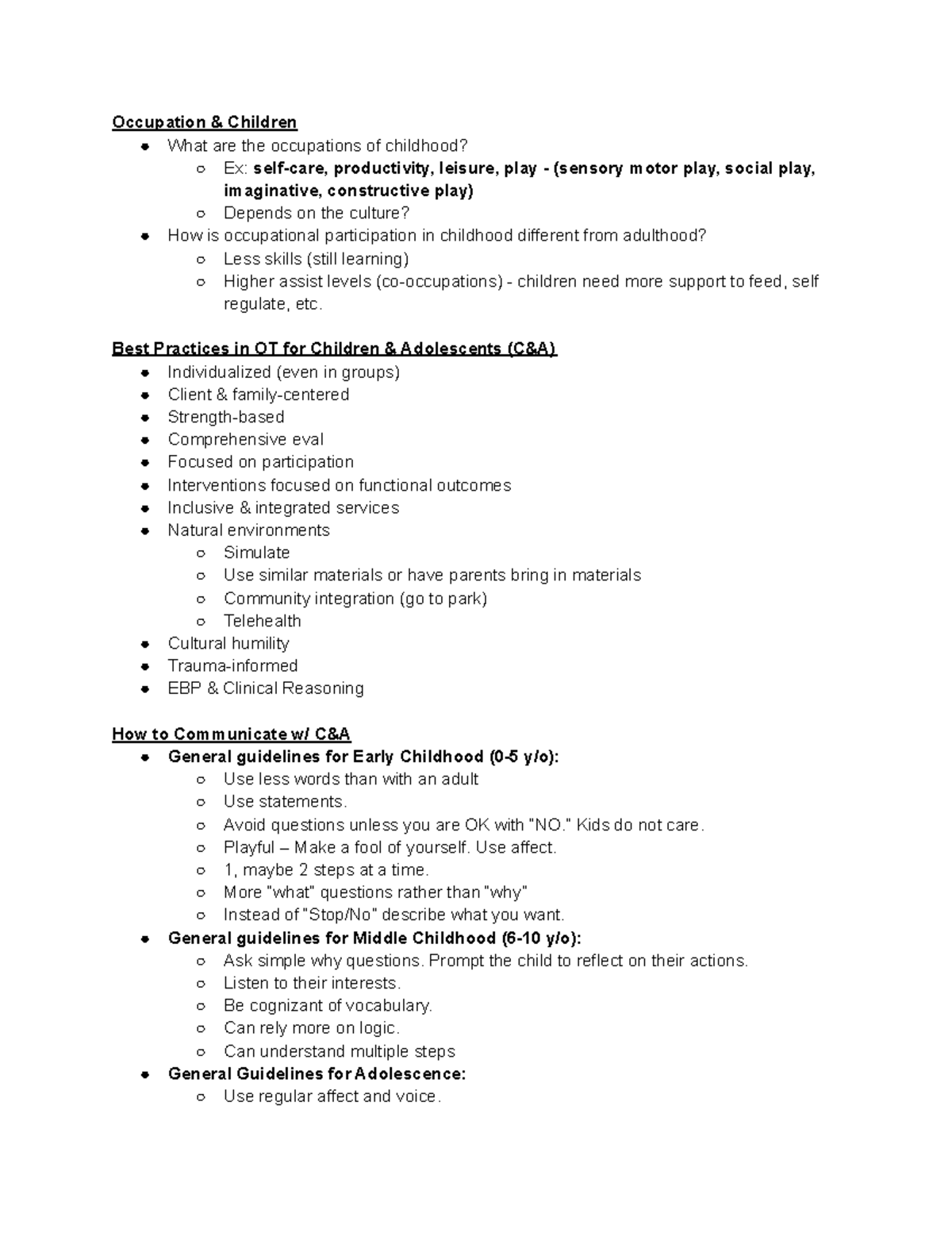 Peds - Week 1 - Dr. P - Occupation & Children What are the occupations ...