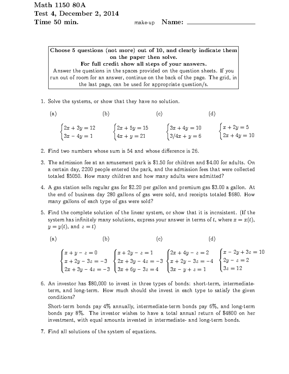 Test4 Math 1120 Math 100 - Math 1150 80A Test 4, December 2, 2014 Time ...
