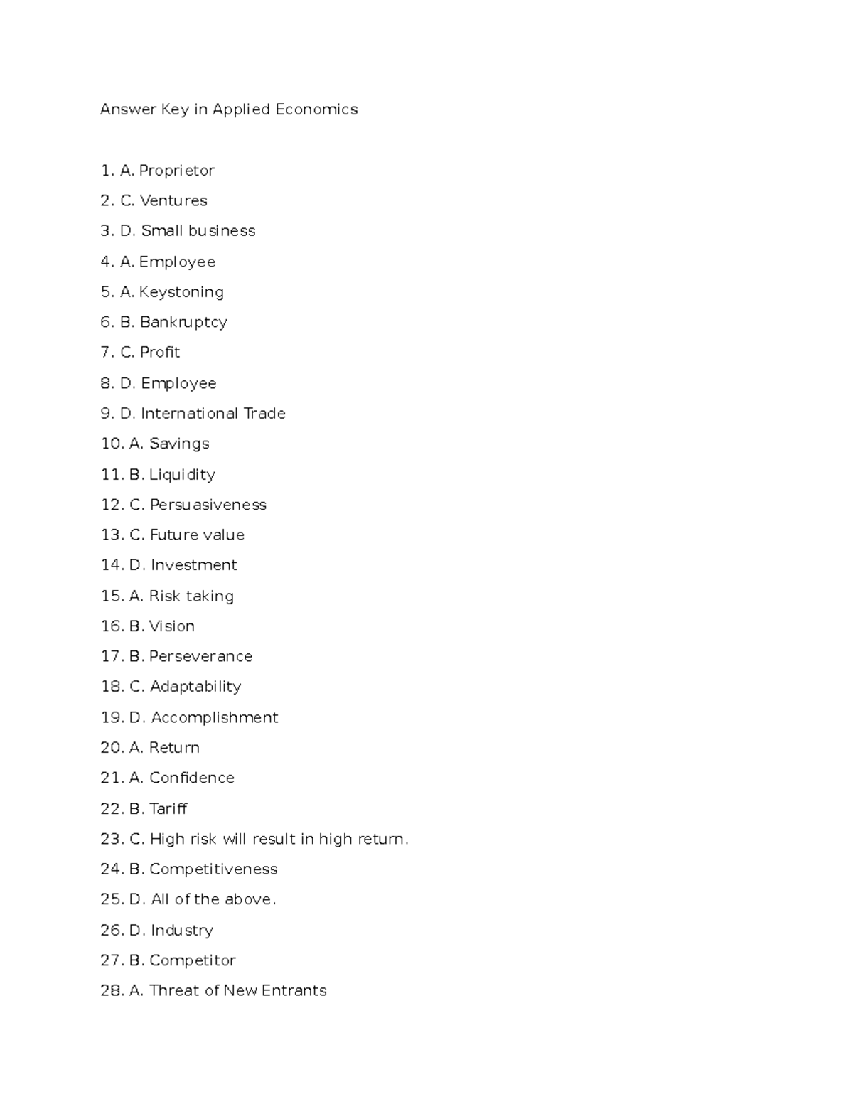 Answer Key in Applied Economics - Proprietor C. Ventures D. Small ...