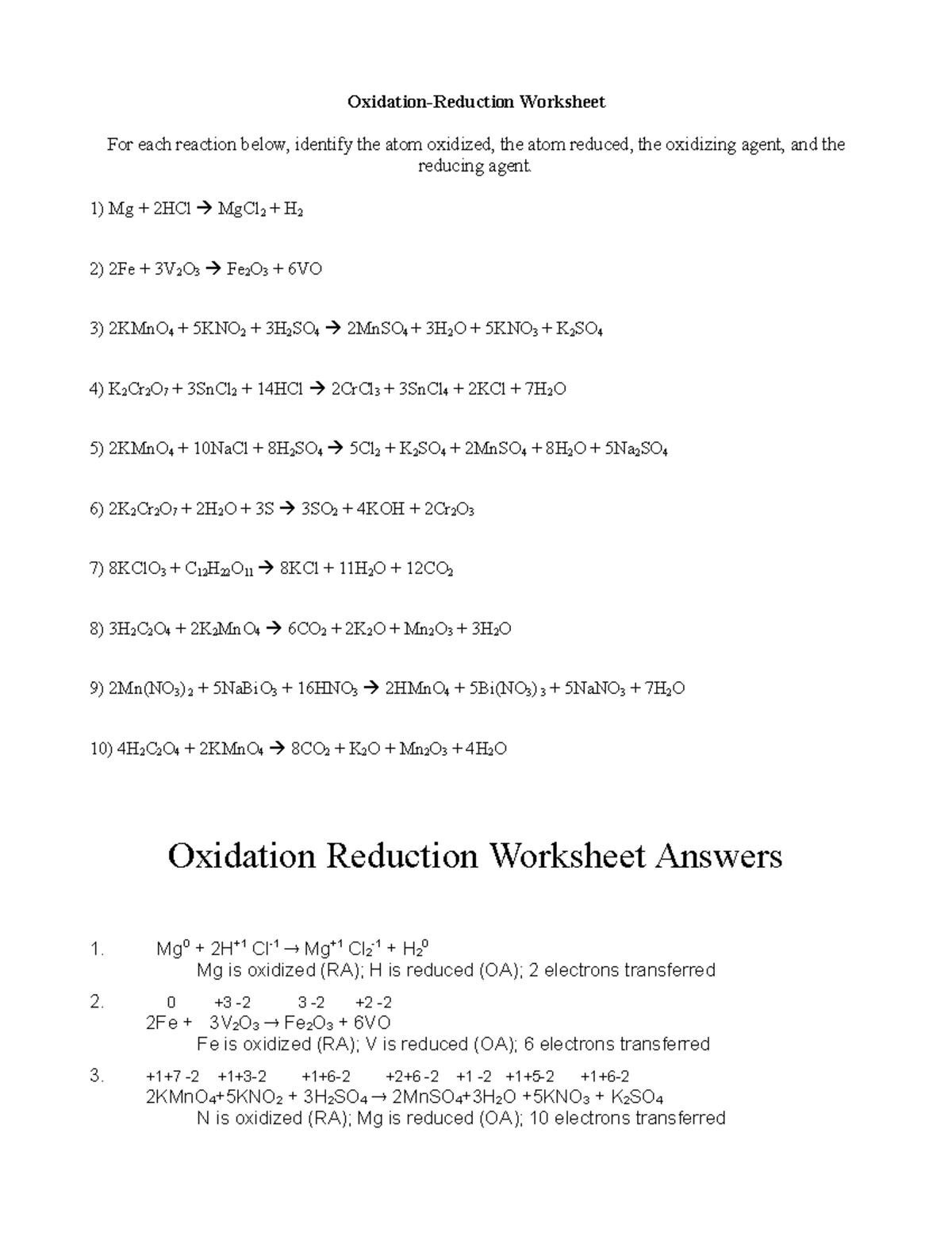 Redox WS - Chapter 1 - Oxidation-Reduction Worksheet For each reaction  below, identify the atom - Studocu
