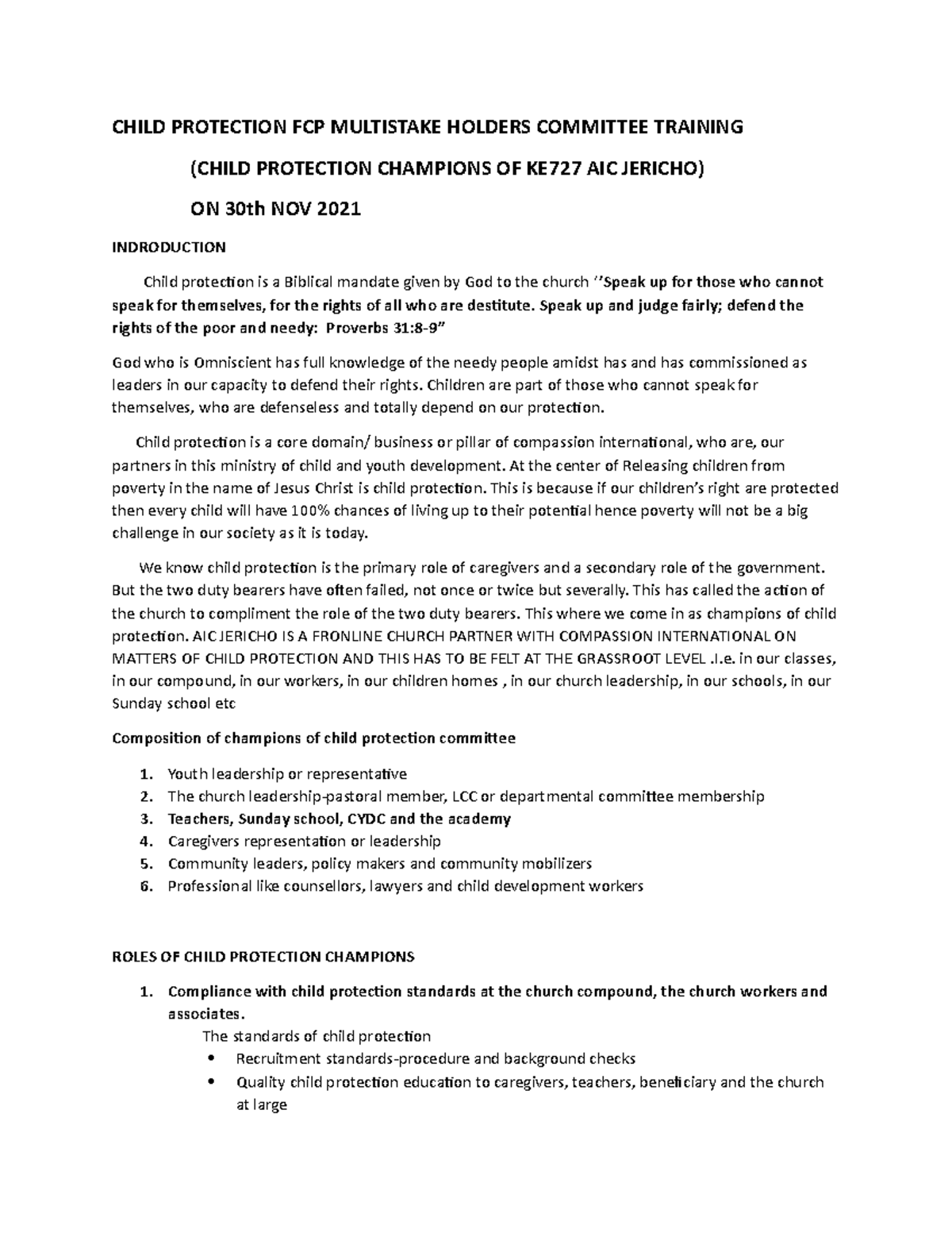 Child Protection FCP Multistake Holders Committee Training Notes CHILD PROTECTION FCP