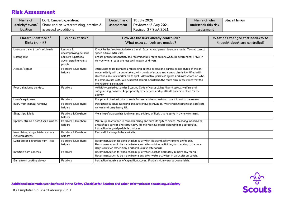 Risk assessment Dof E Canoe Expedition Training revised Sept 2021 ...