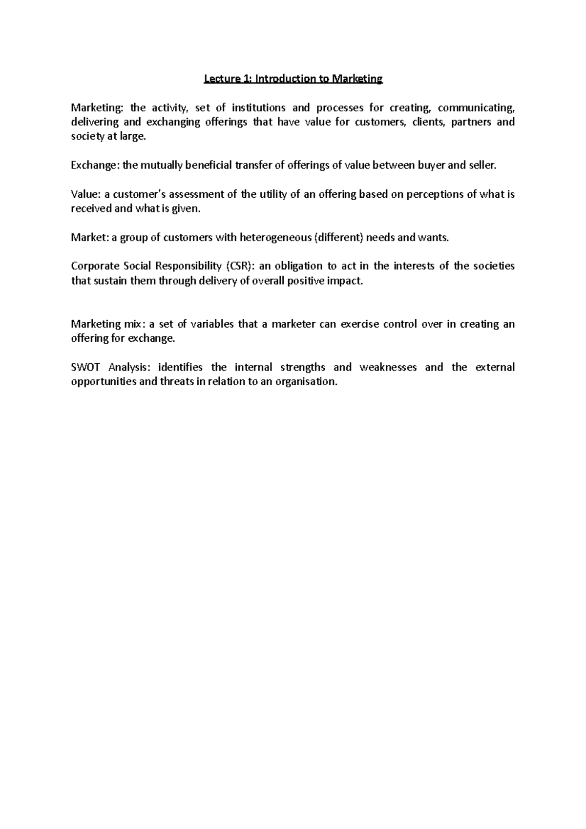 Lecture 1 notes - Lecture 1: Introduction to Marketing Marketing: the ...