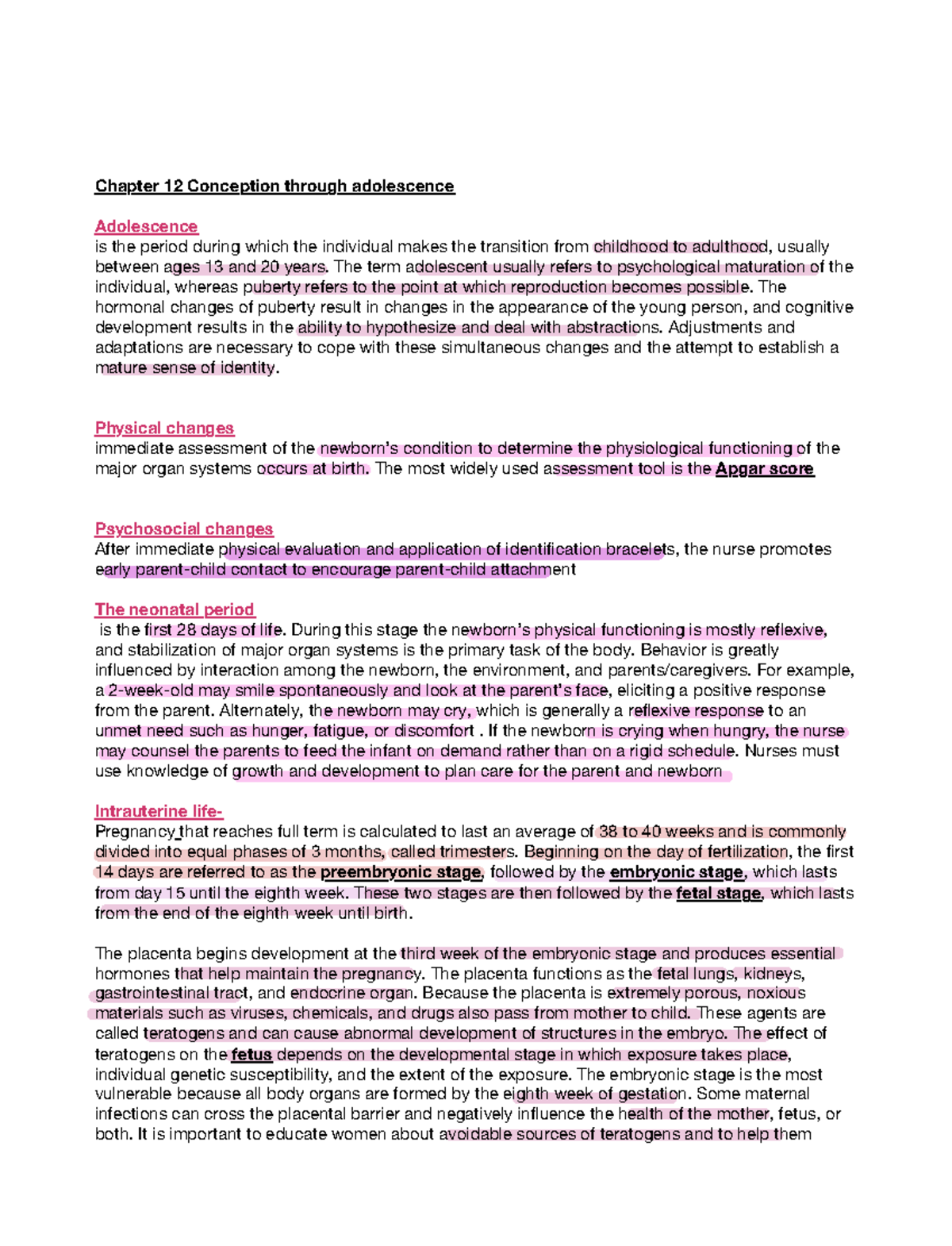 Nr 222 Final Exam Review Chapter 12 Conception Through Adolescence