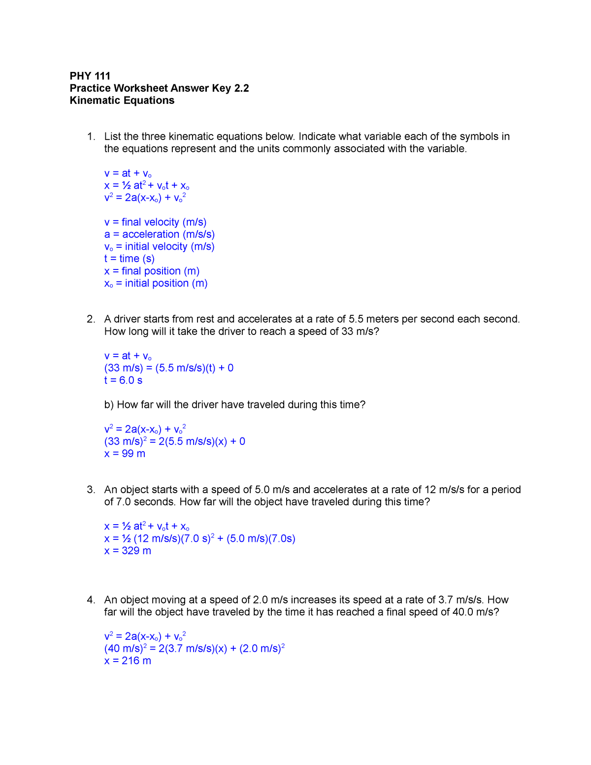 Answer key Lesson 2 Section 2 PHY 111 Practice Worksheet Answer