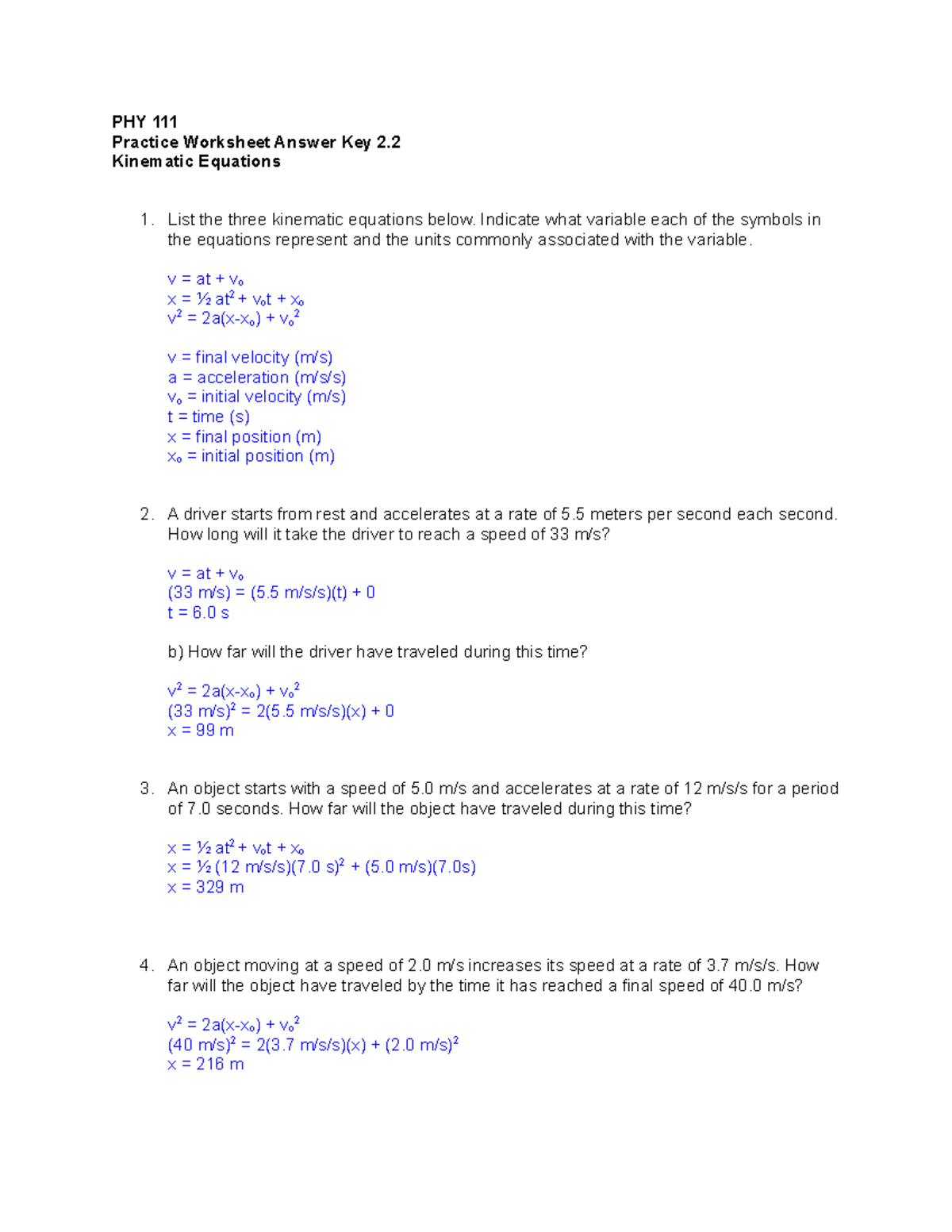 Answer key Lesson 2 Section 2 - PHY 111 Practice Worksheet Answer Key 2. Kinematic  Equations List - Studocu