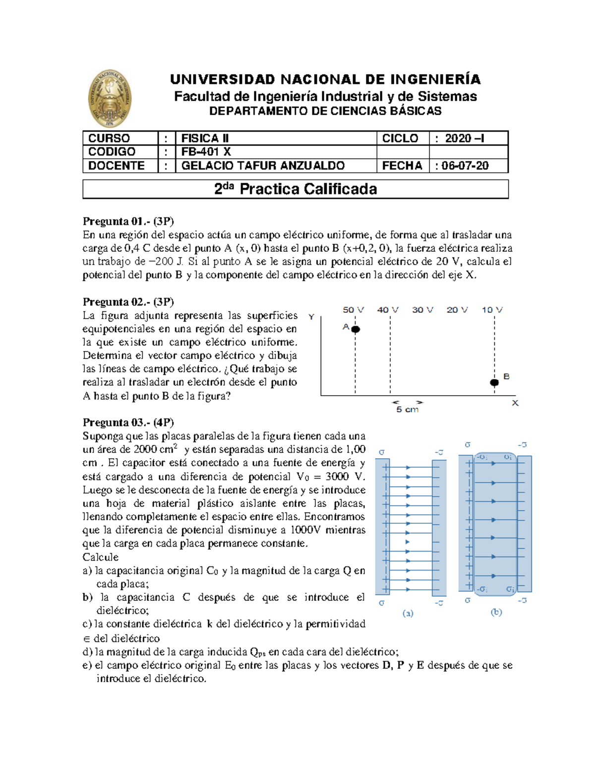 2PC FB 401X 2020-1 - PRACTICA CALIFICADA 1 - UNIVERSIDAD NACIONAL DE ...