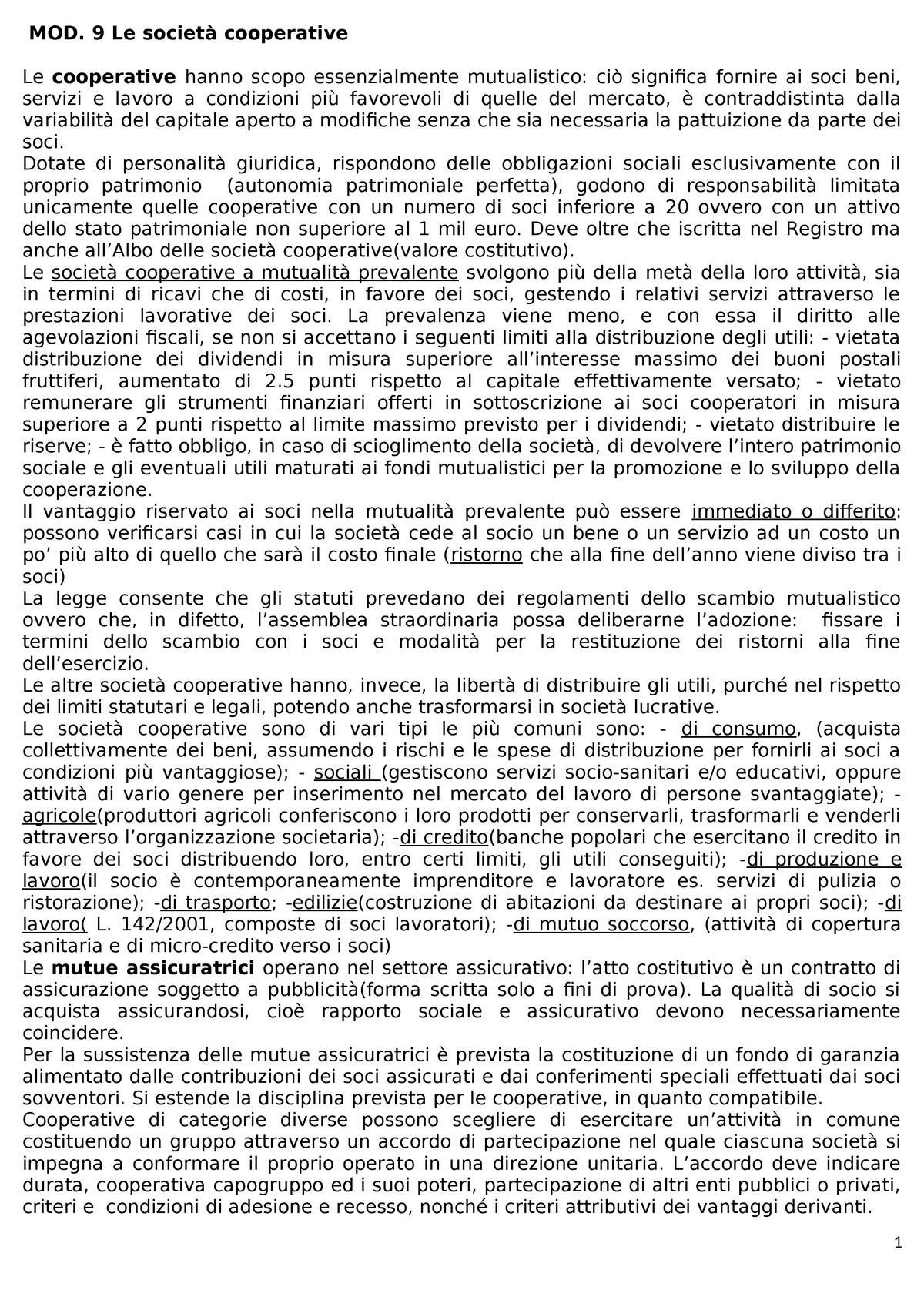 Mod. 9 Diritto Commerciale Unicusano Schema Riassuntivo - MOD. 9 Le ...