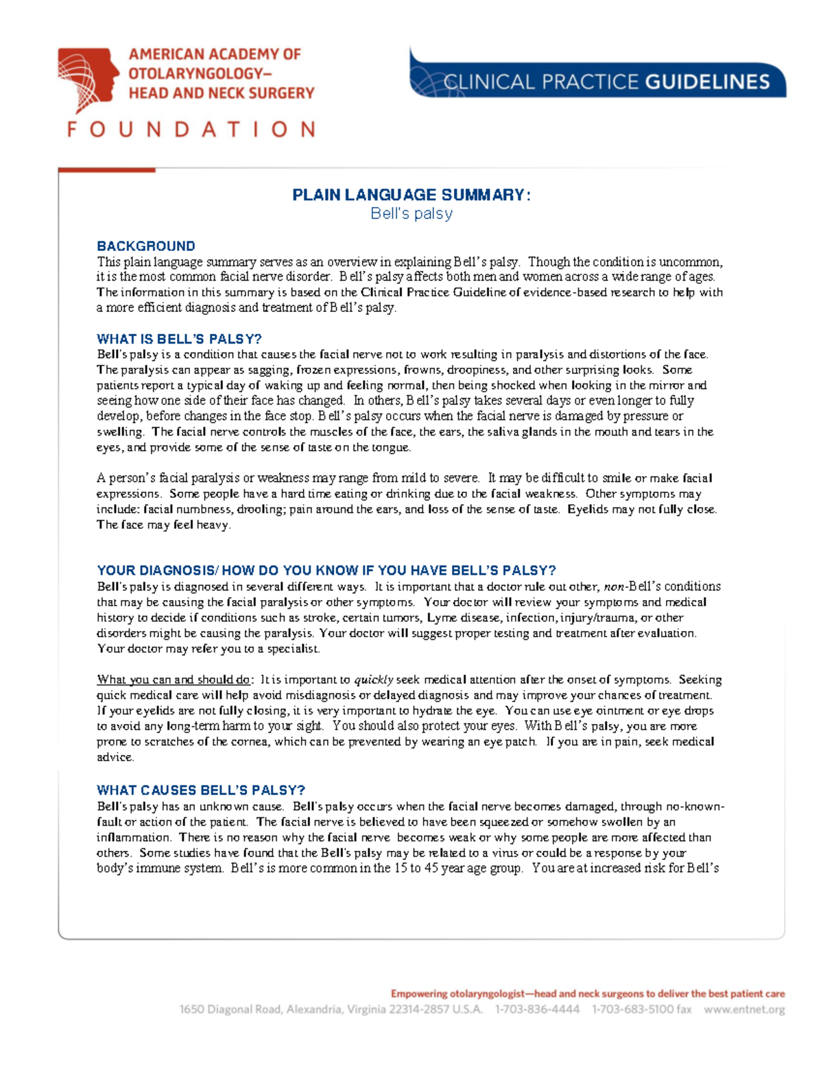 Bells Guideline PLS the bell PLAIN LANGUAGE SUMMARY Bell’s palsy