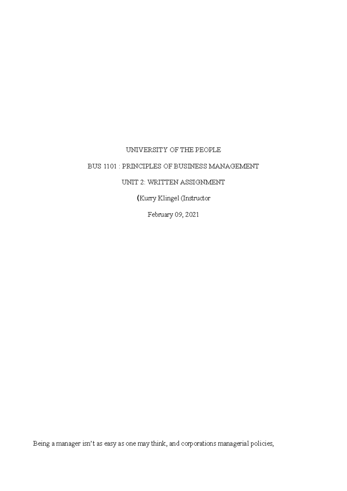 BUS 1101 - UNIT 2 - Written Assignment - UNIVERSITY OF THE PEOPLE BUS ...