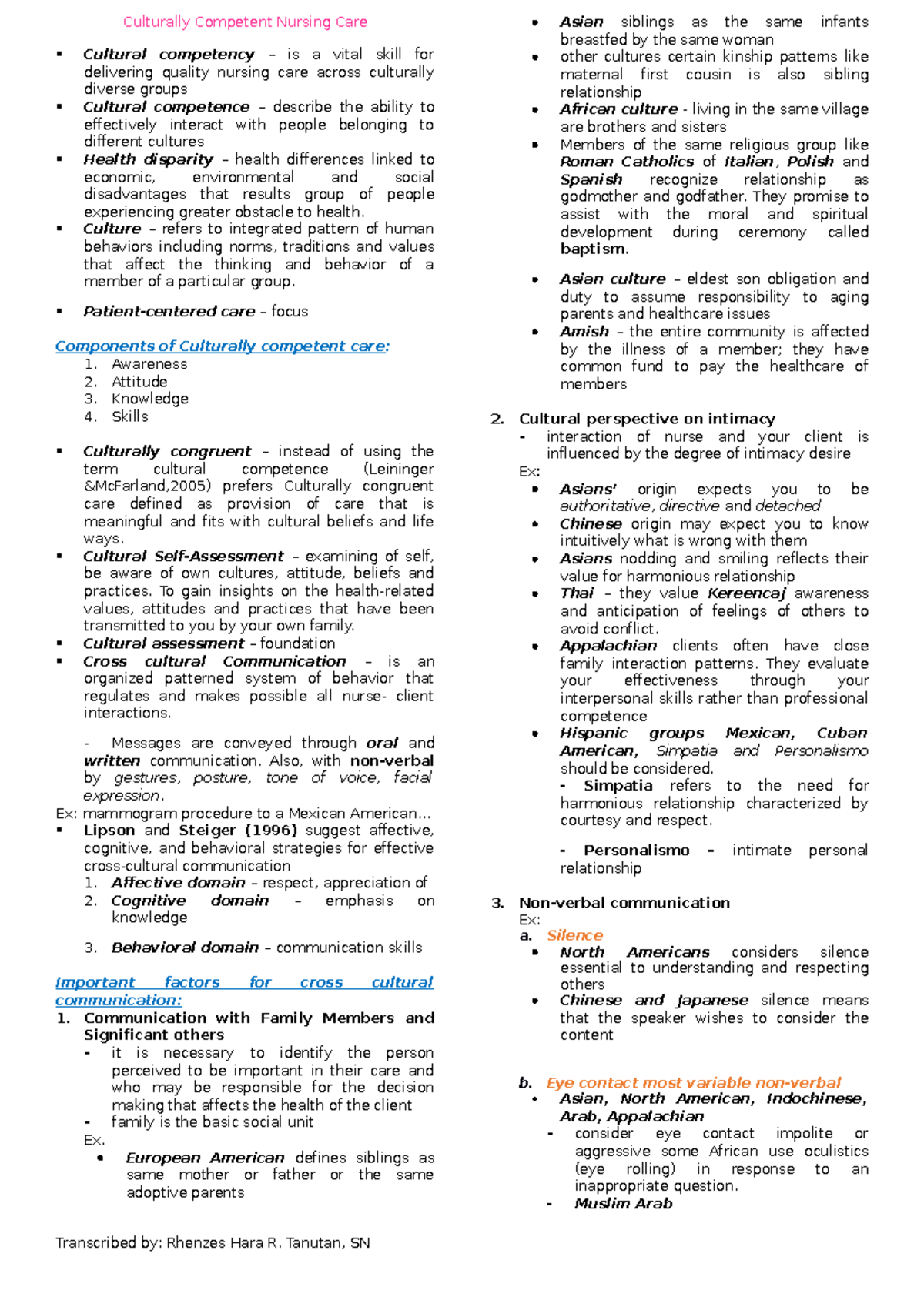 1. Culturally Competent Nursing CARE - Culturally Competent Nursing