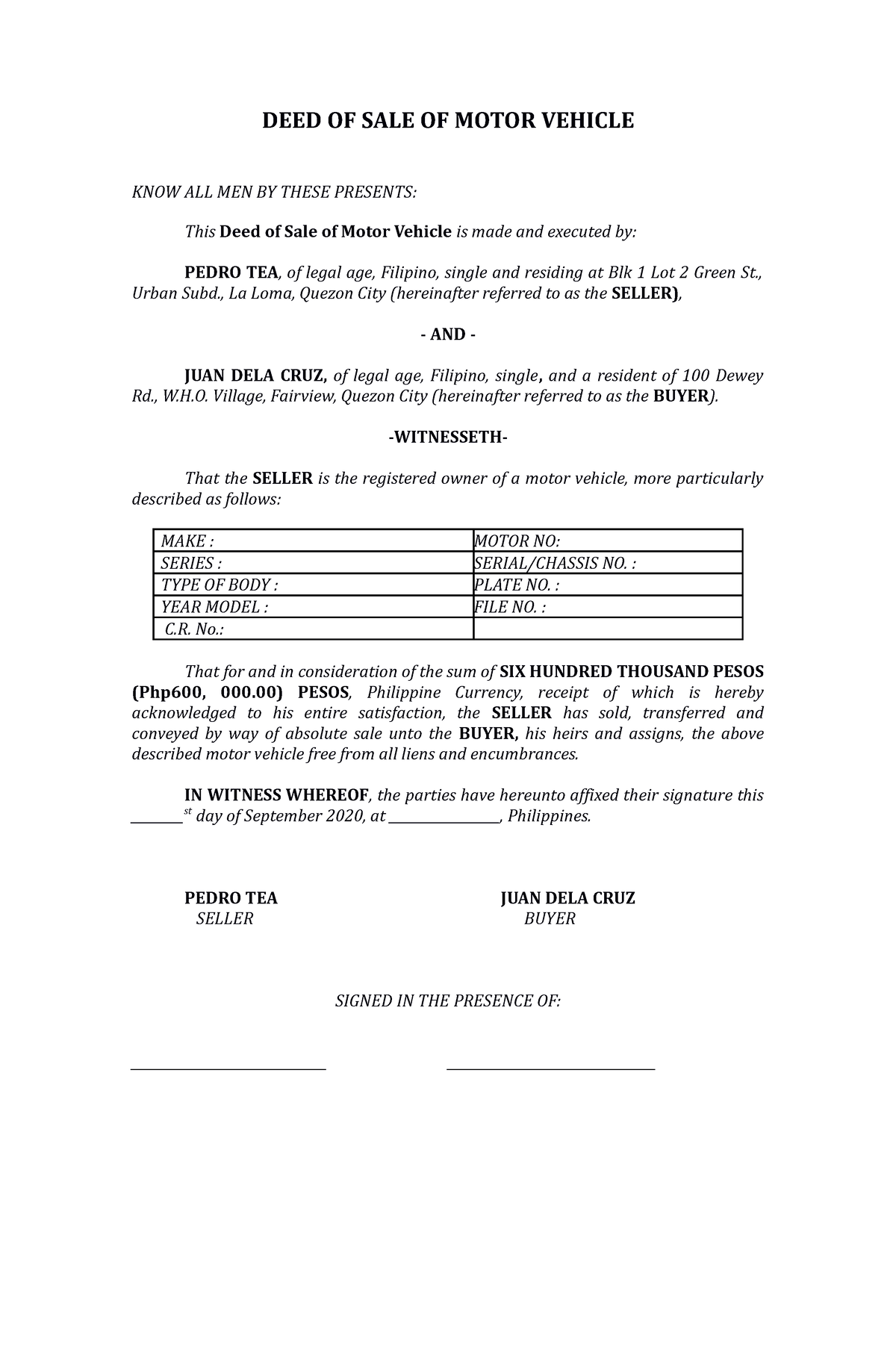 Deed of Sale of Motor Vehicle - Business Administration - Studocu