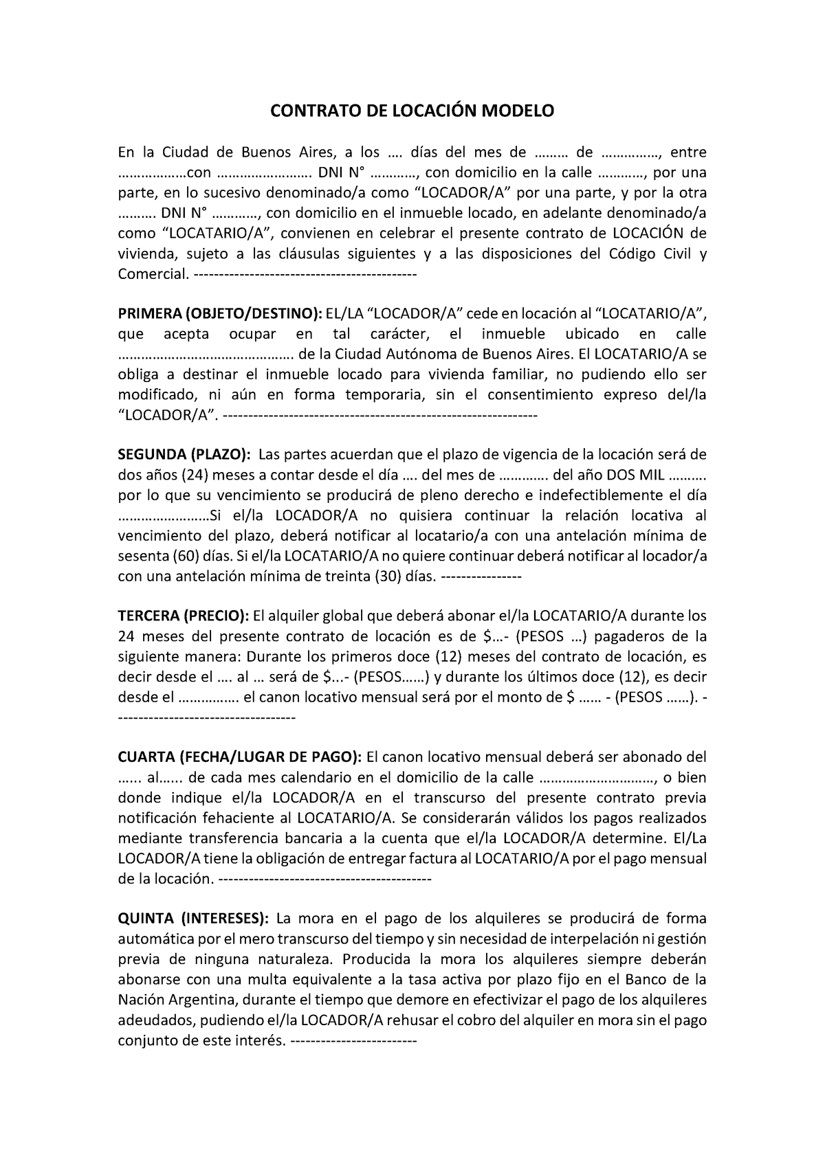 Modelo Contrato De Locacion Contrato De LocaciÓn Modelo En La Ciudad De Buenos Aires A Los 8177