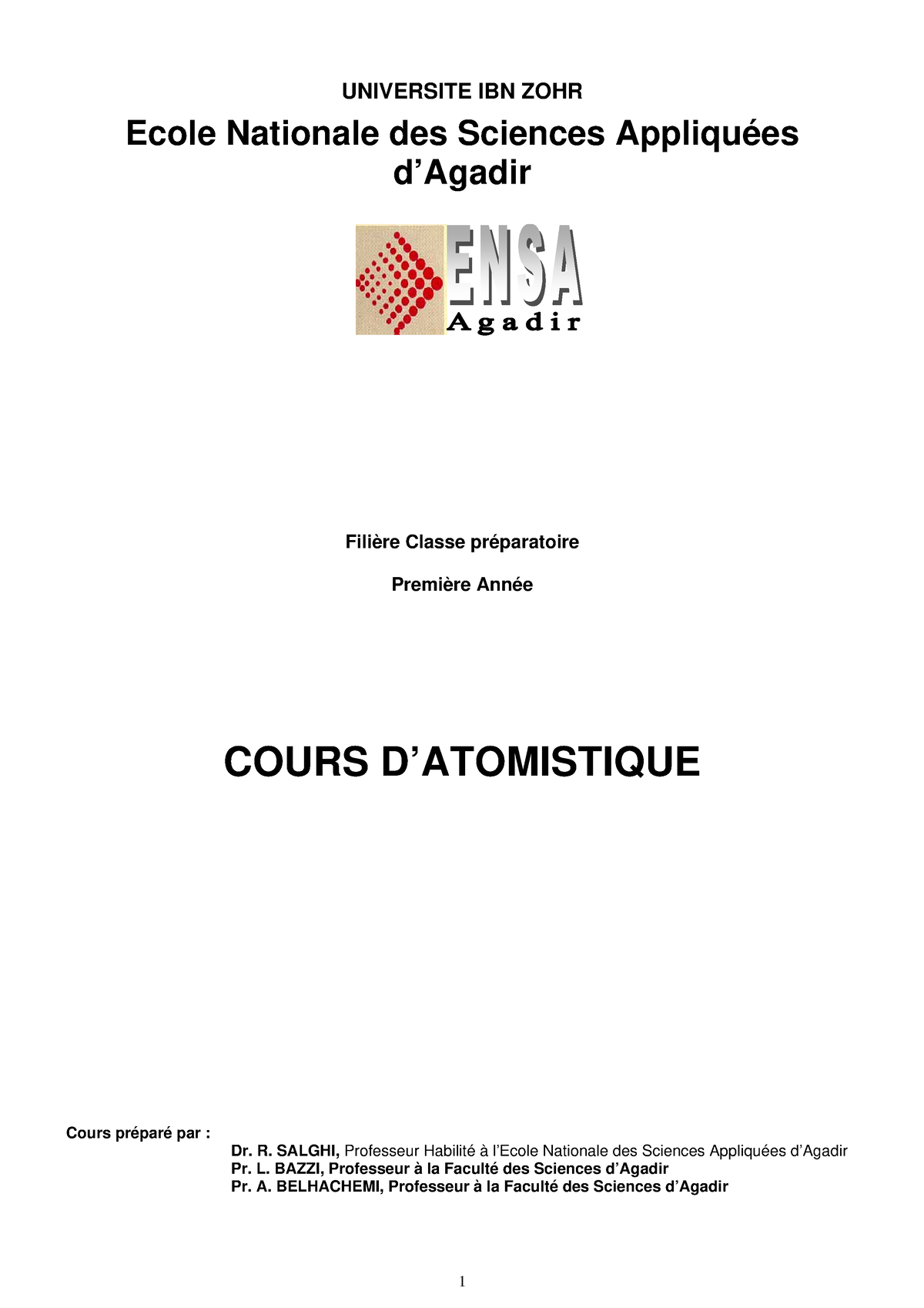 Atomistique Cours - UNIVERSITE IBN ZOHR Ecole Nationale Des Sciences ...