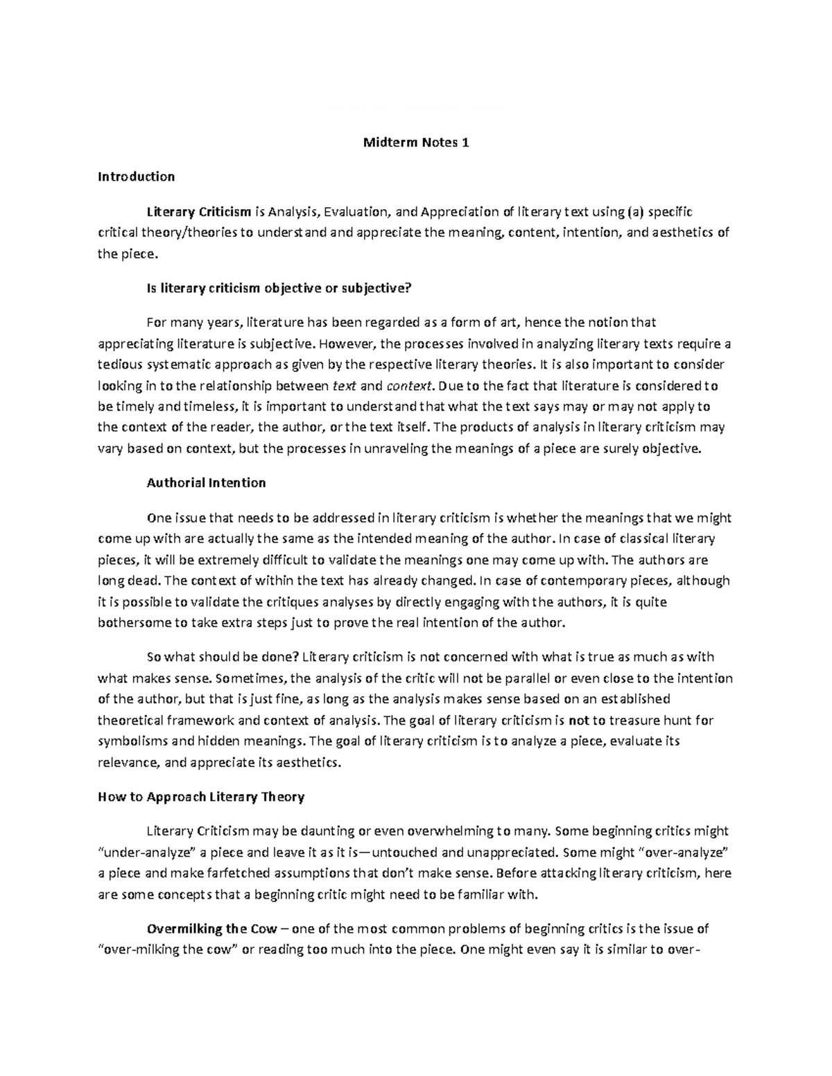 Literary Criticism - ENCRIT130 – Literary Criticism Midterm Notes 1 ...