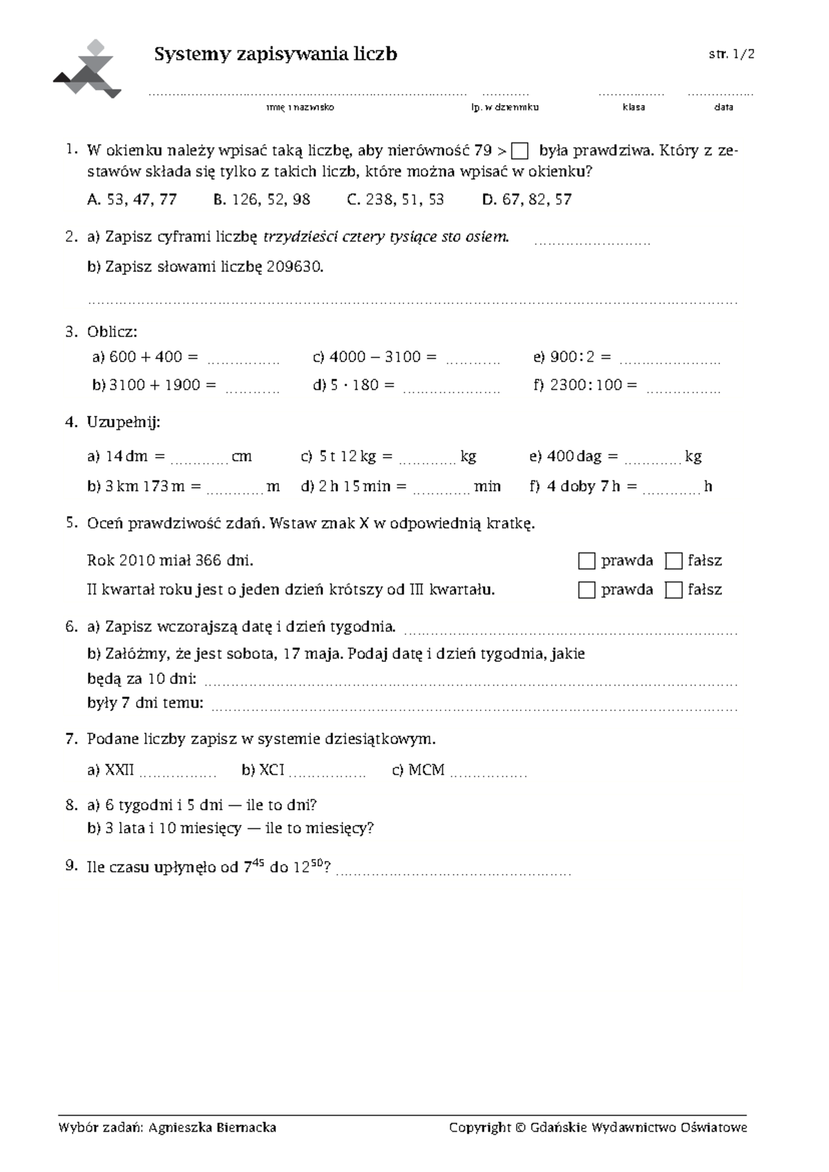 Sprawdzian Kl 4 System Zapisywania Liczb www.studocu.com
