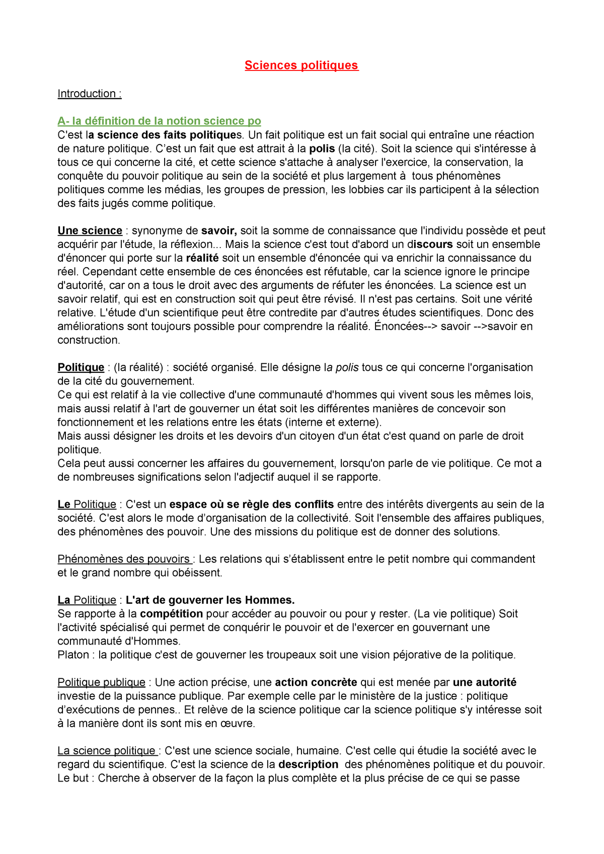 Introduction à La Science Politique Sciences Politiques Introduction