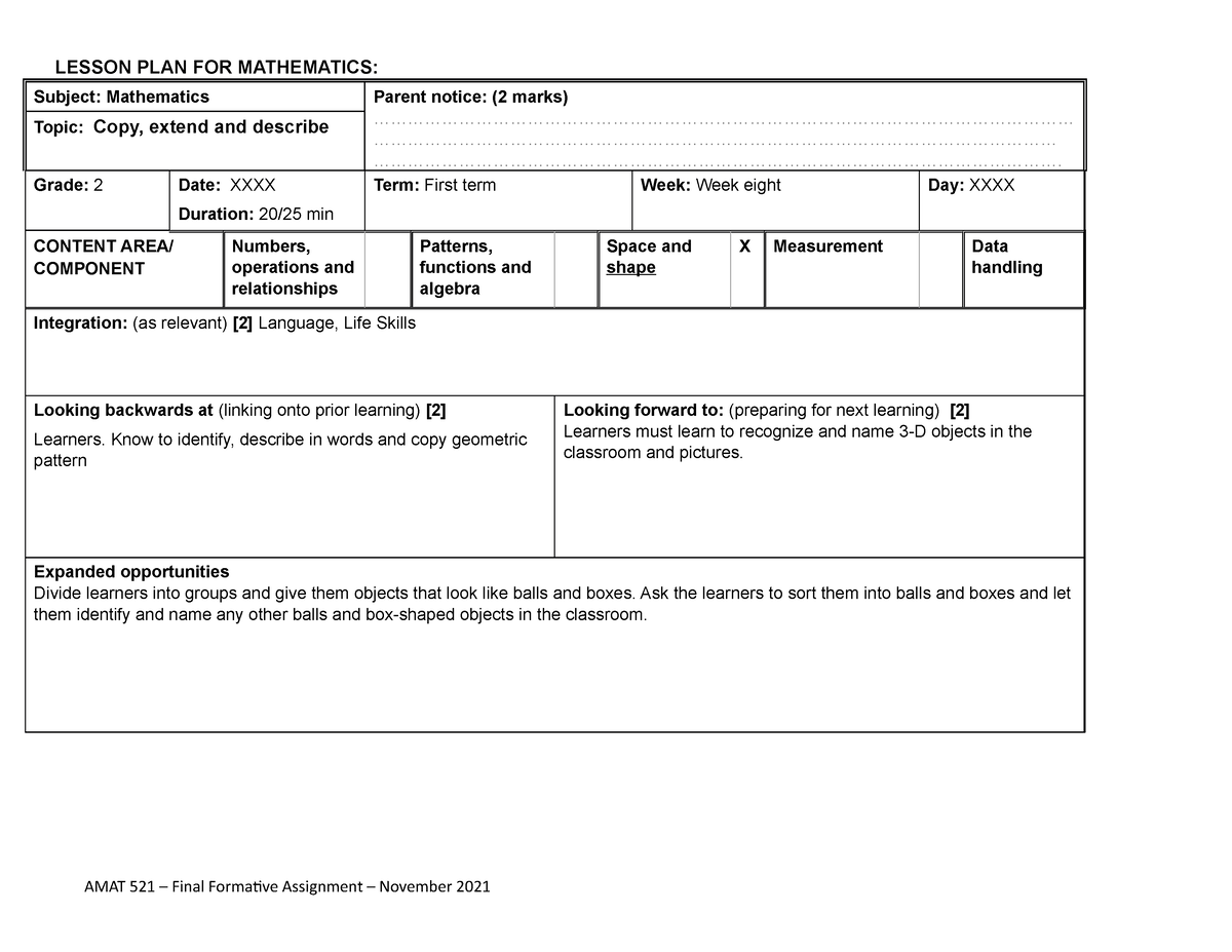 Lesson PLAN FOR Mathematics.docxpart 2 - LESSON PLAN FOR MATHEMATICS ...