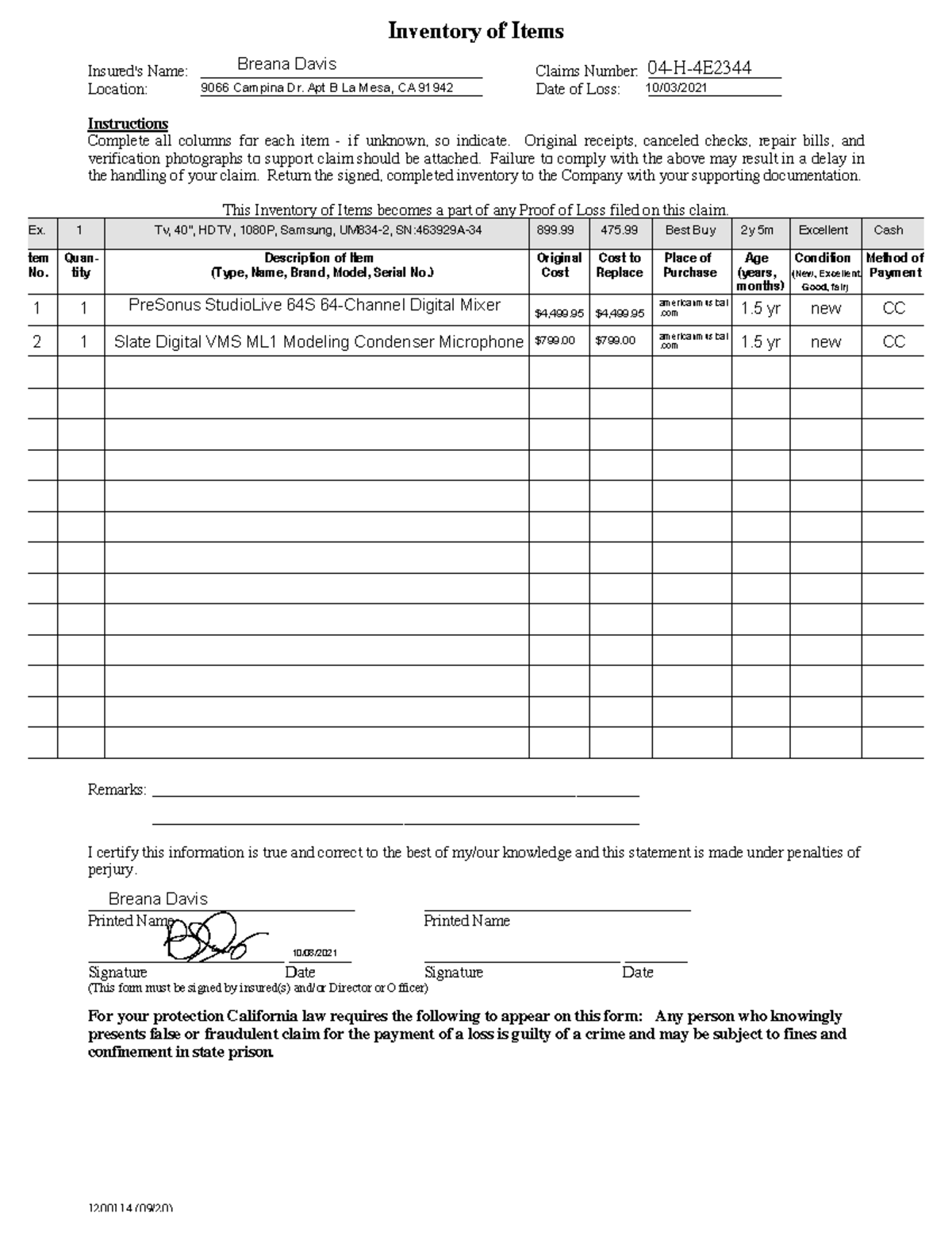 Inventory list for Renters Insurance Claim 1200114 (09/20) Inventory