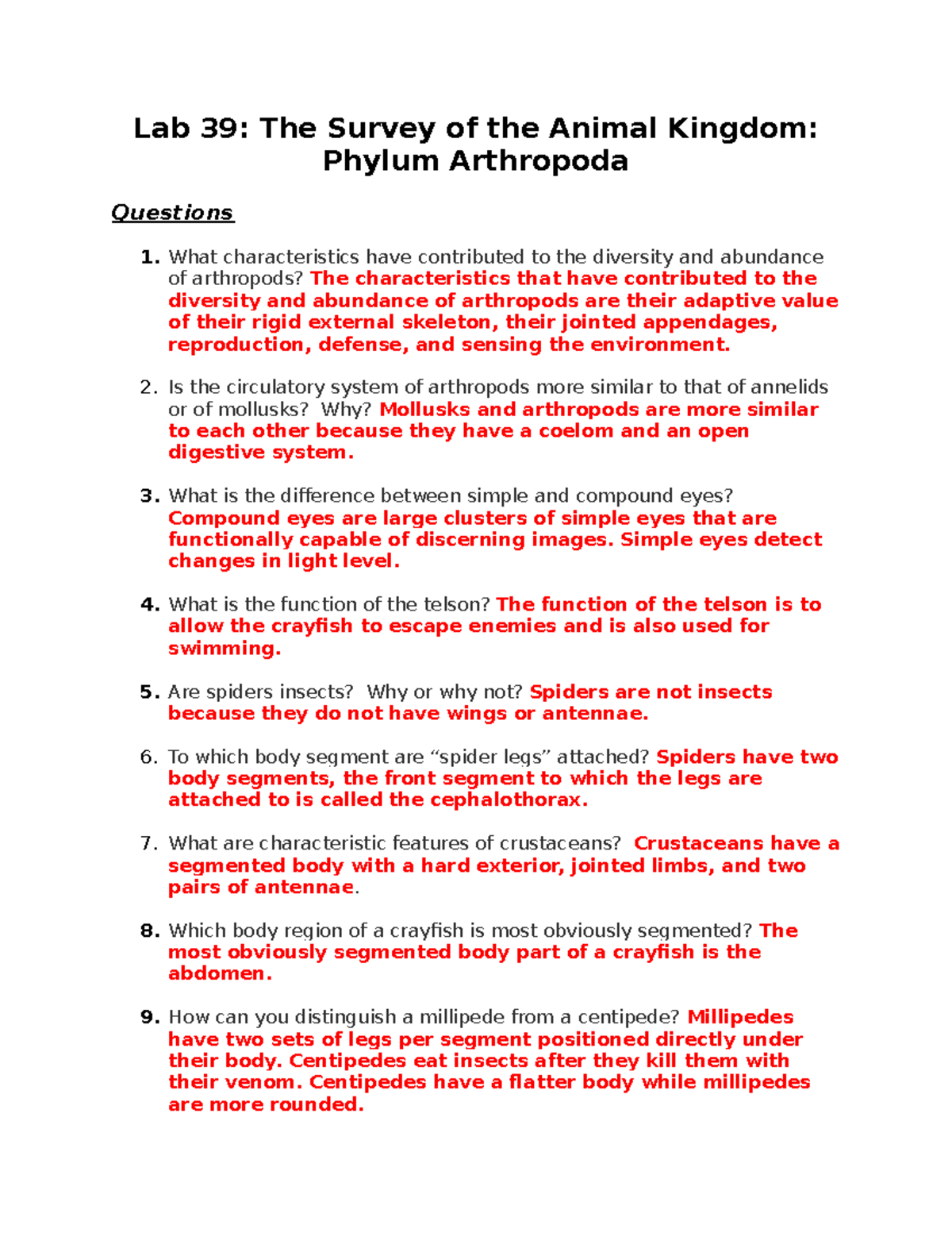 Lab 39 Phyla Arthropoda Lab 39 The Survey of the Animal Kingdom