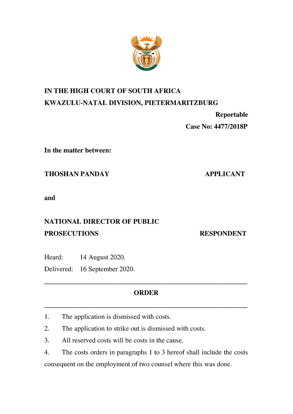 Panday v National Director of Public Prosecutions - IN THE HIGH COURT ...