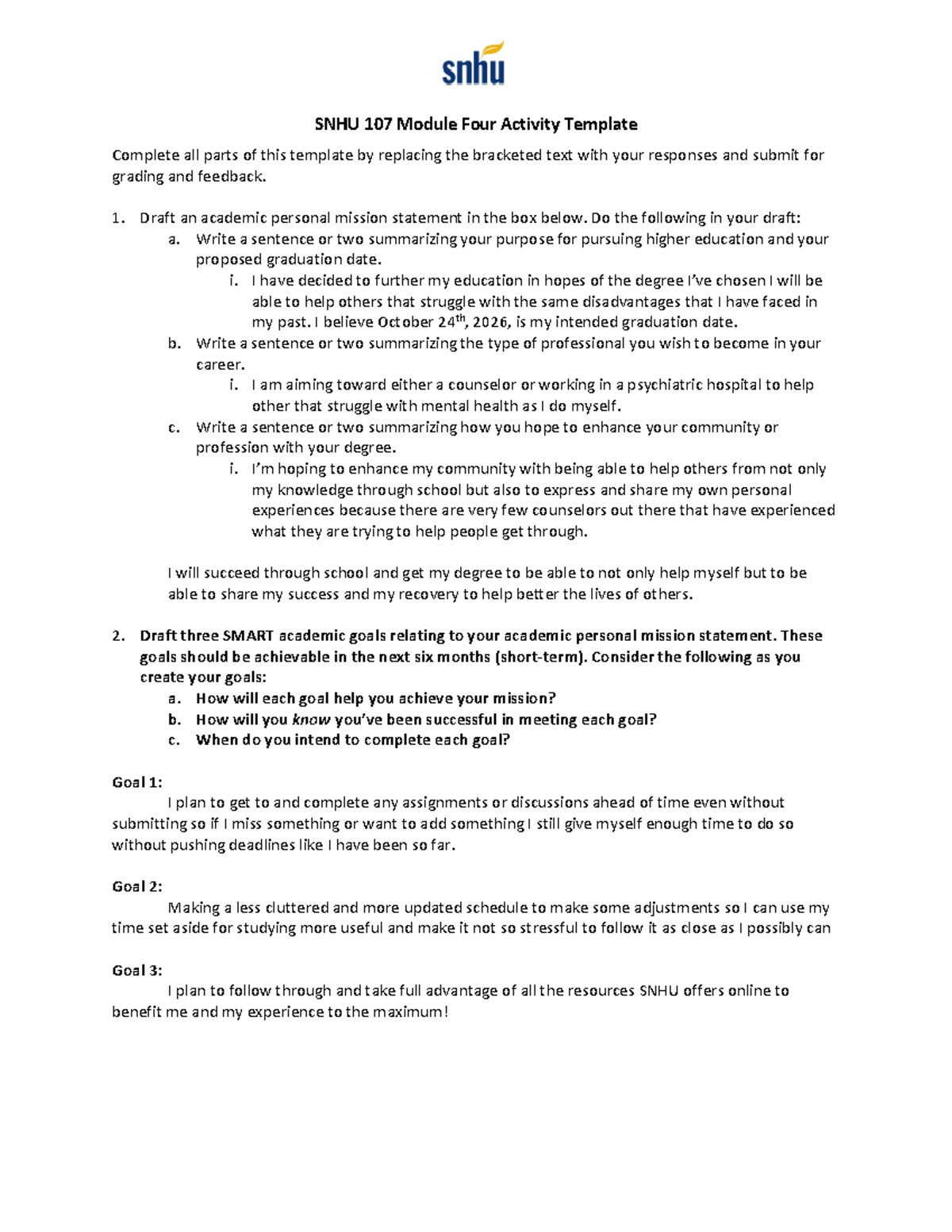 SNHU 107 Module Four Activity - Draft an academic personal mission ...