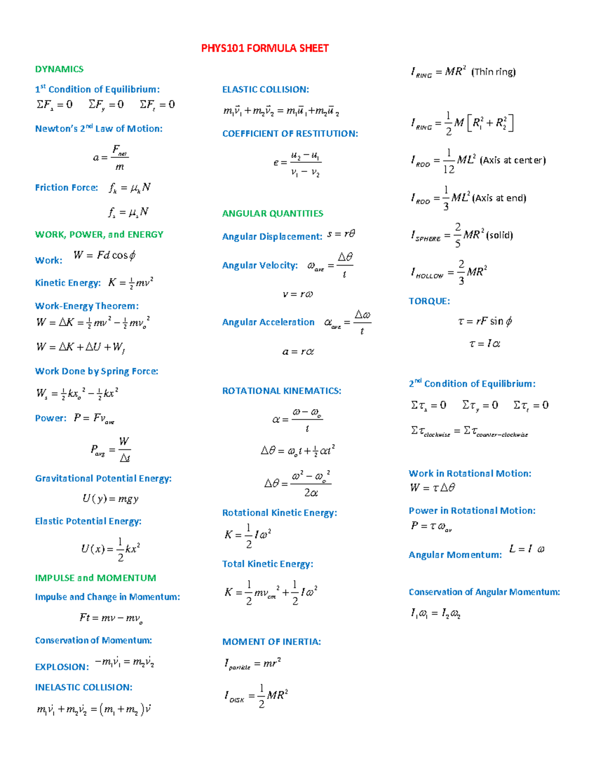 PHYS101 Formula Sheet for Module 1 1 - PHYS101 FORMULA SHEET for Module ...