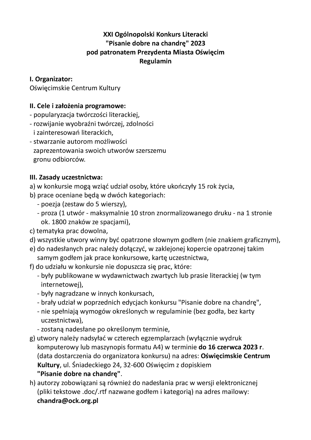 XXI Pisanie Dobre Na Chandrę Regulamin - XXI Ogólnopolski Konkurs ...