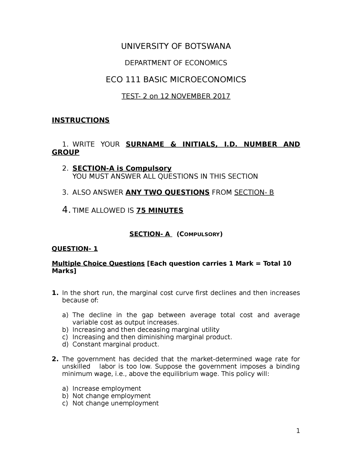 ECO 111- Test-21718 Sample - UNIVERSITY OF BOTSWANA DEPARTMENT OF ...