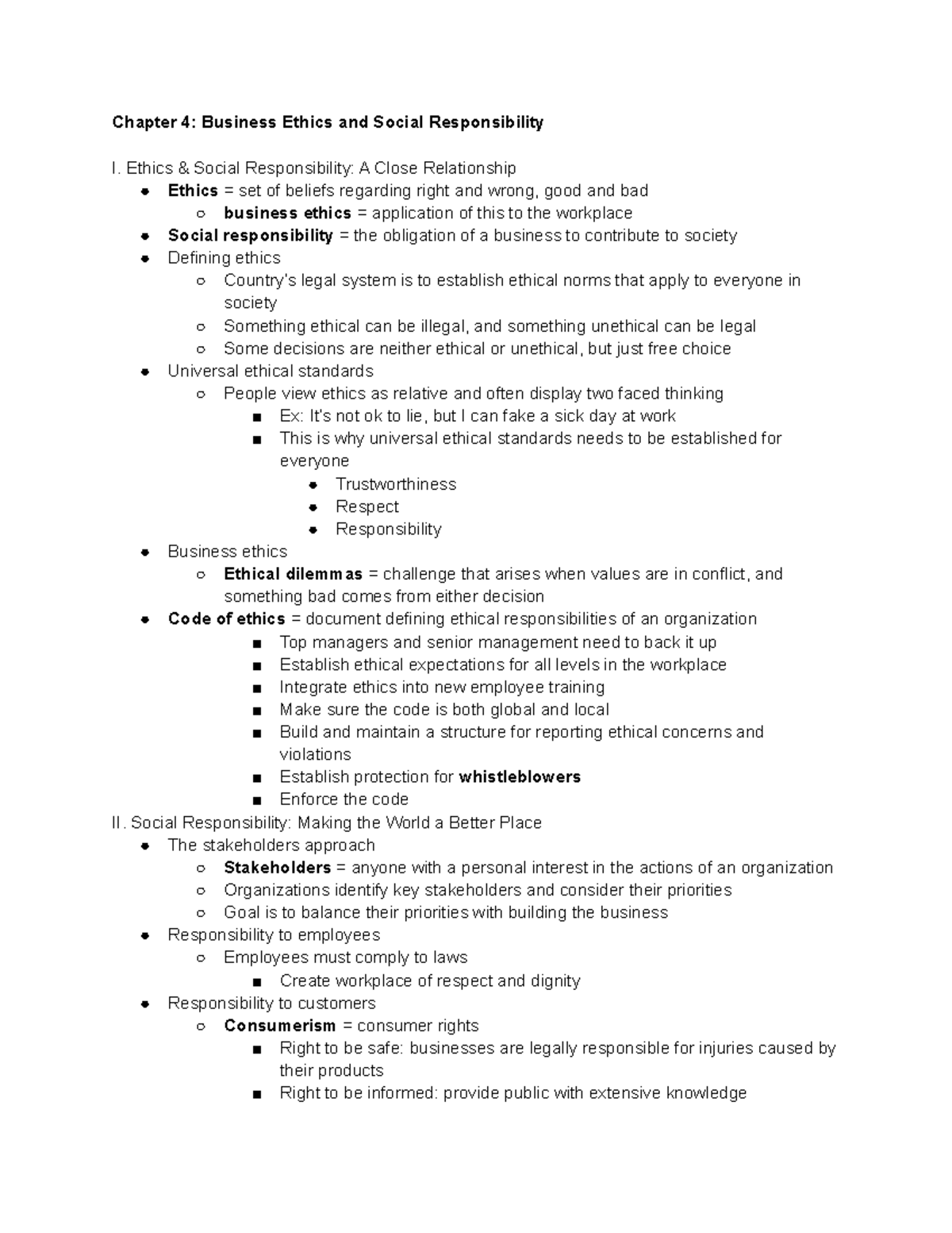 Chapter 4 - Lecture notes 4 - Chapter 4: Business Ethics and Social  Responsibility I. Ethics & - Studocu