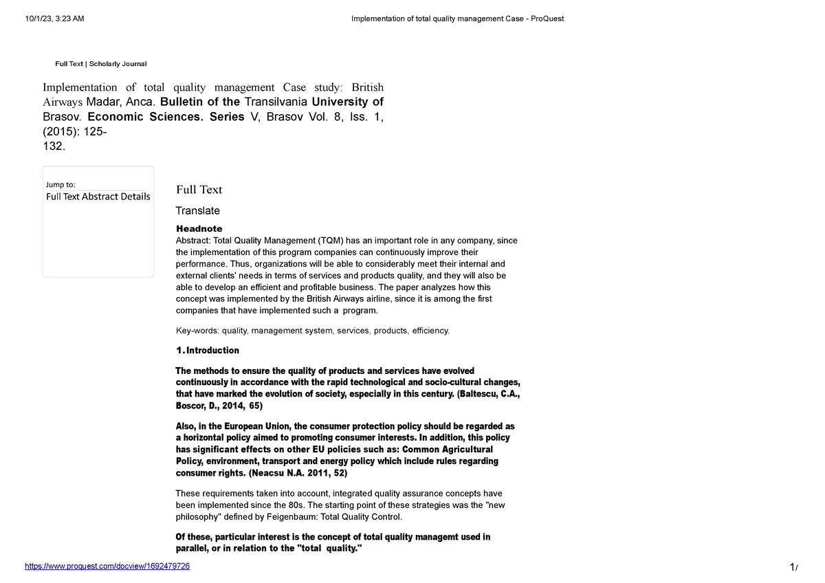 Implementation of TQM at British airways - 10/1/23, 3:23 AM ...